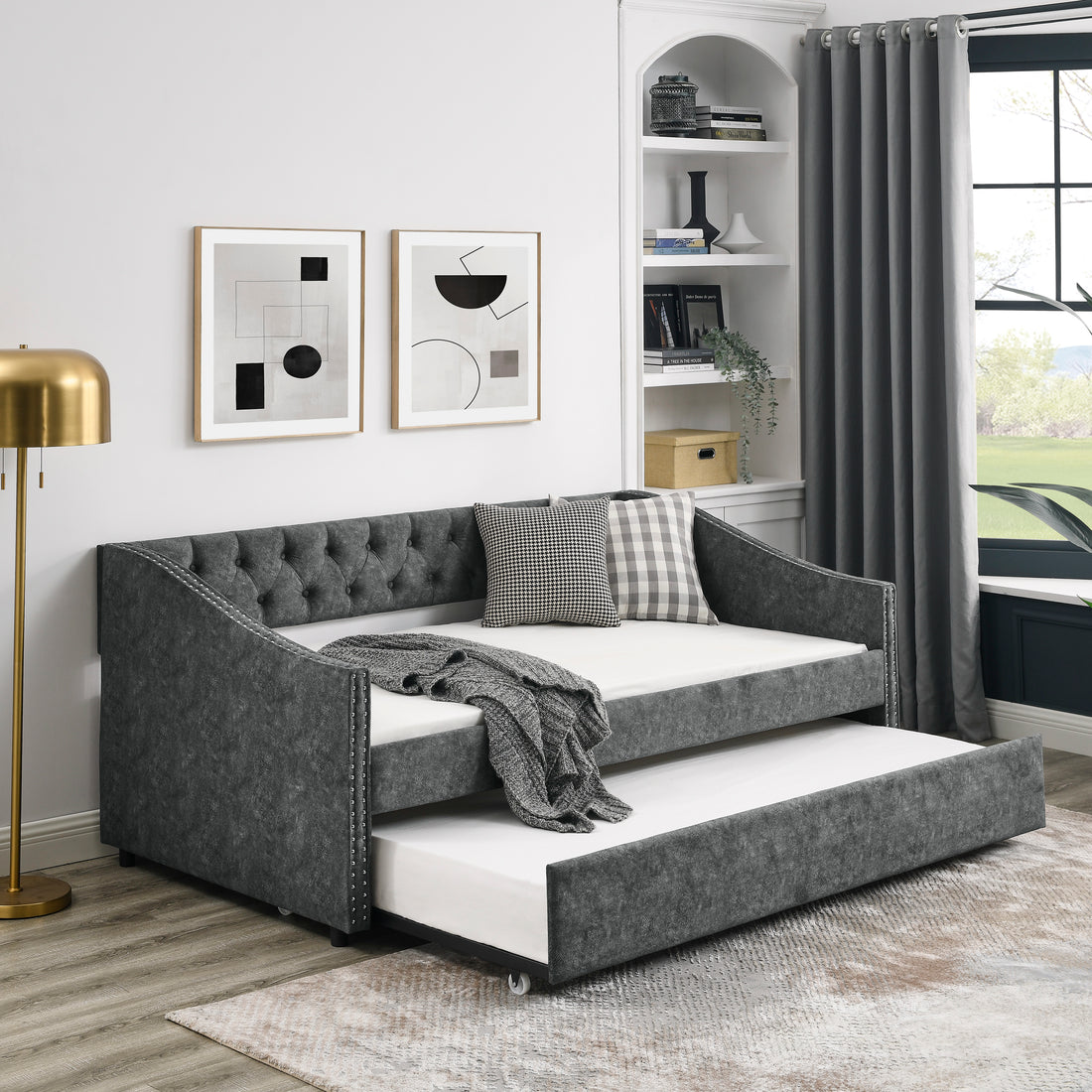 Twin Size Daybed With Twin Size Trundle Upholstered Tufted Sofa Bed, With Button On Back And Copper Nail On Waved Shape Arms, Grey 80.5"X41"X30.5" Grey Polyester