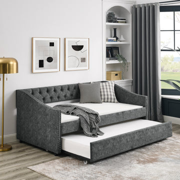Twin Size Daybed With Twin Size Trundle Upholstered Tufted Sofa Bed, With Button On Back And Copper Nail On Waved Shape Arms, Grey 80.5"X41"X30.5" Grey Polyester
