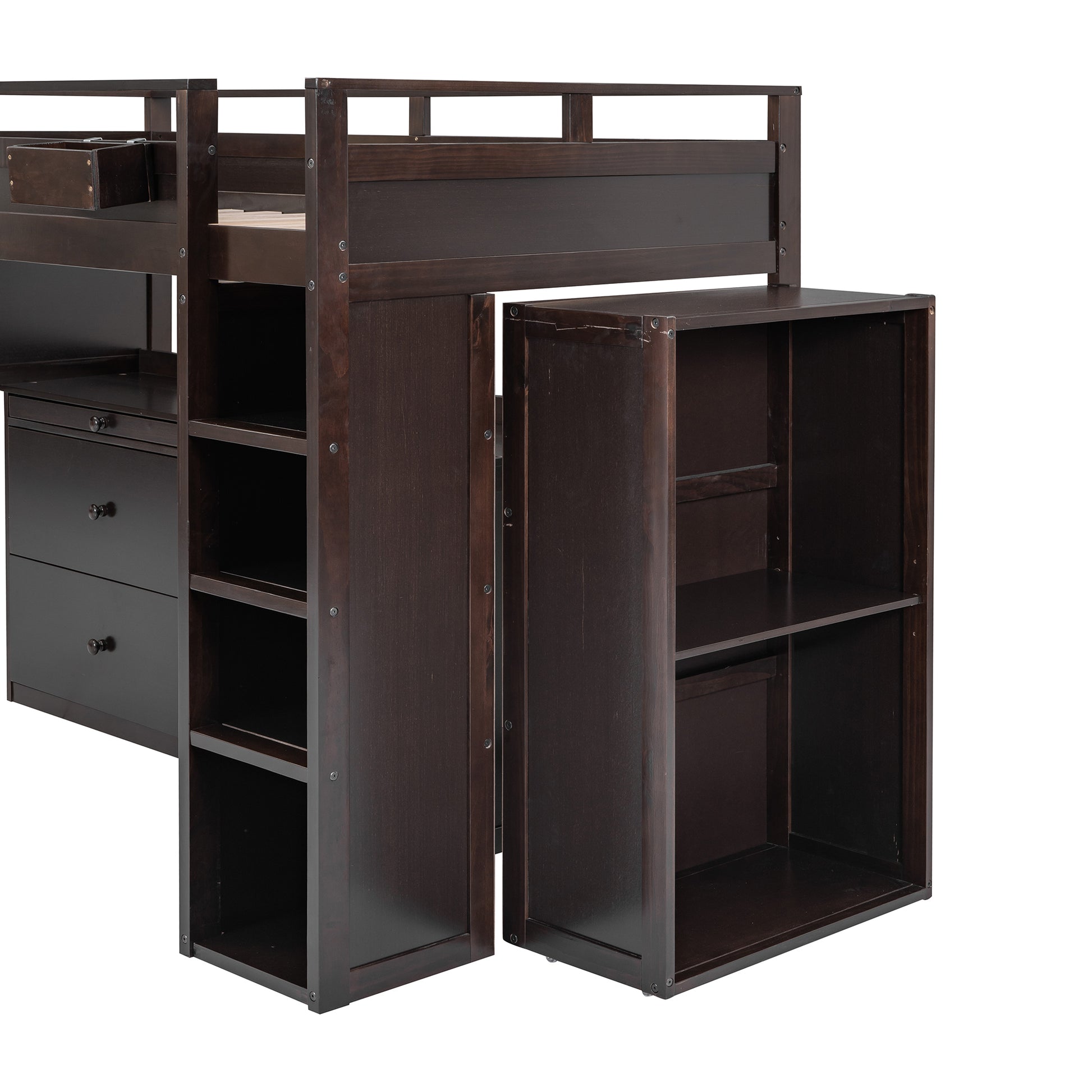 Loft Bed With Rolling Cabinet And Desk Espresso Espresso Solid Wood Mdf
