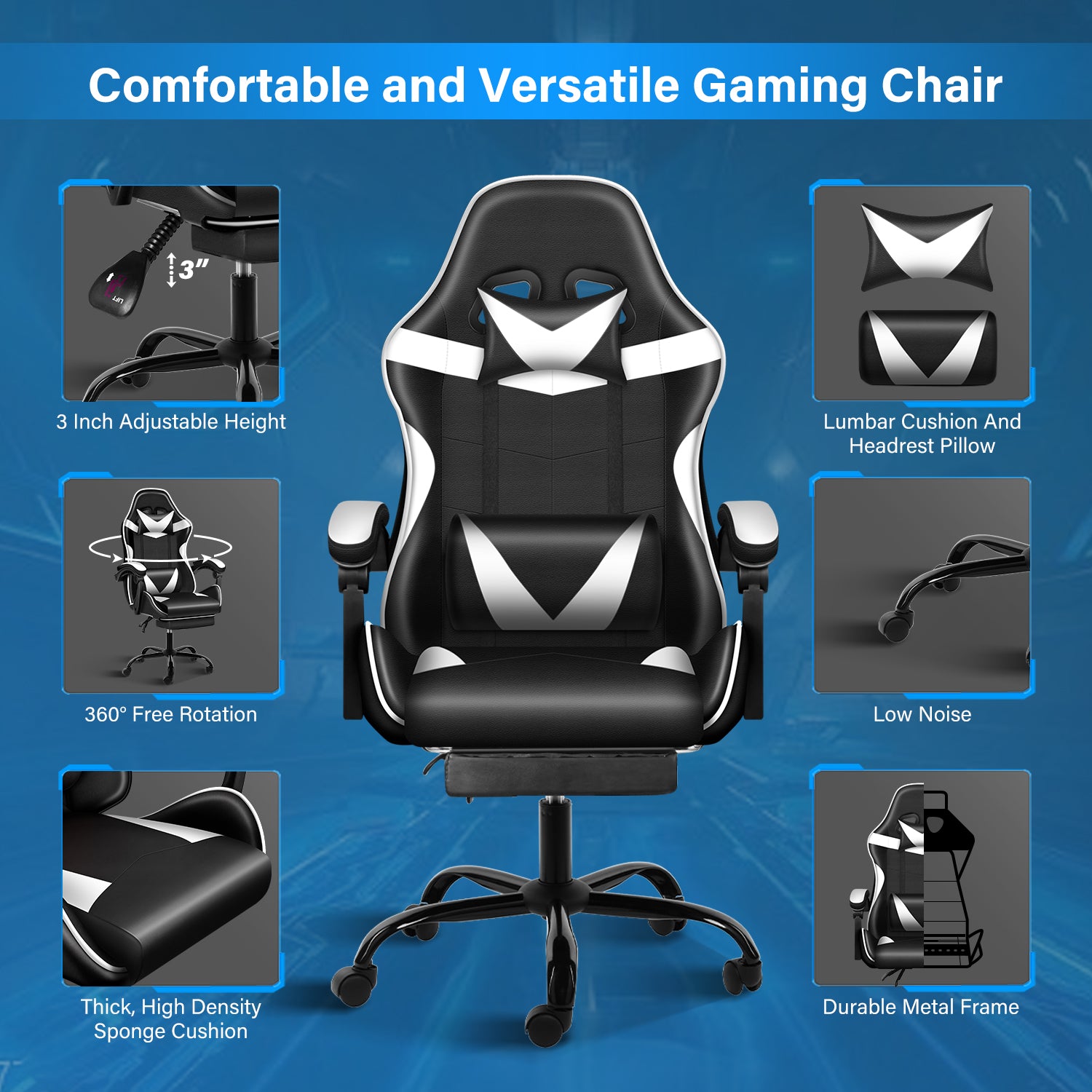 Yssoa Racing Video Backrest And Seat Height Recliner Gaming Office High Back Computer Ergonomic Adjustable Swivel Chair, With Footrest, Black White Black Leather
