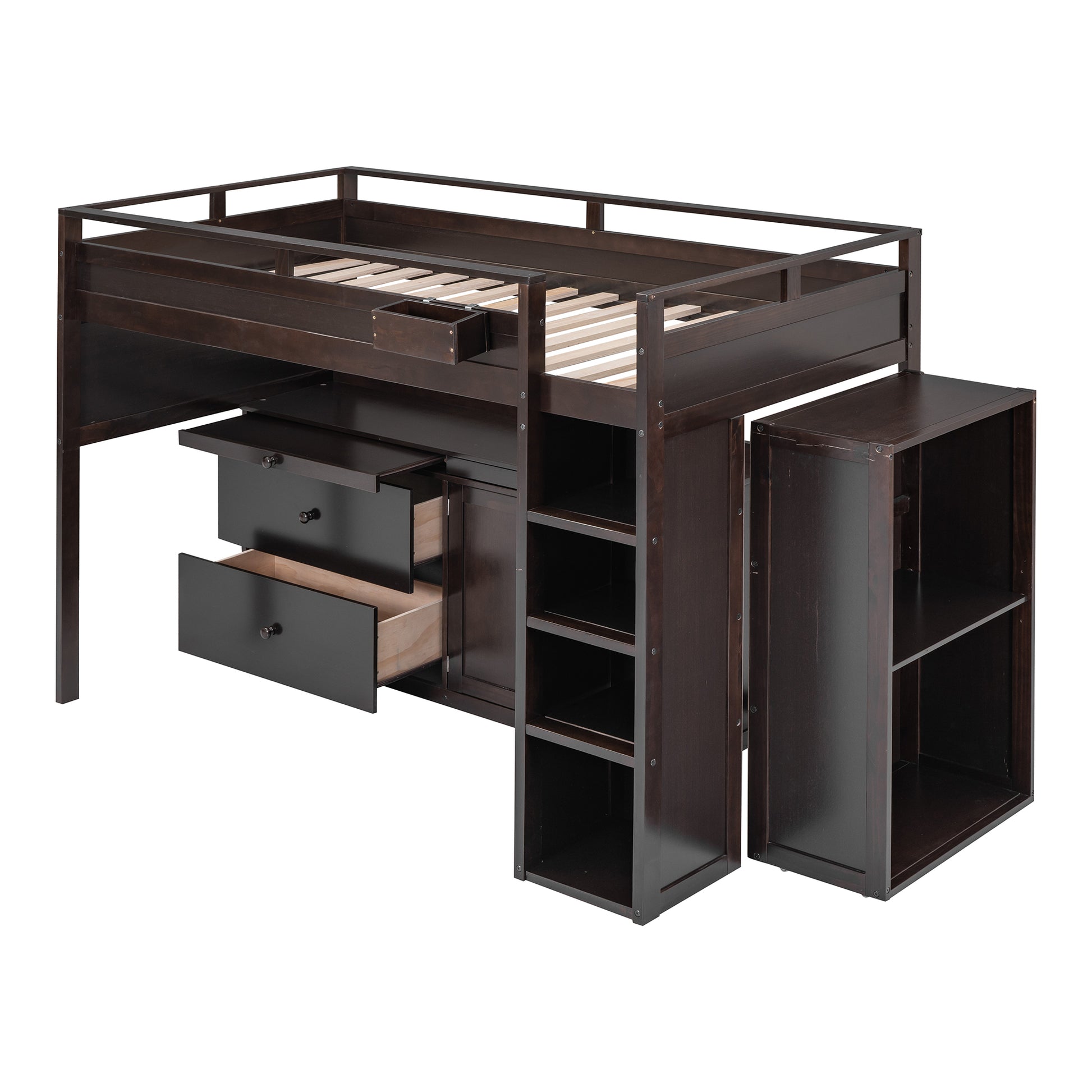 Loft Bed With Rolling Cabinet And Desk Espresso Espresso Solid Wood Mdf