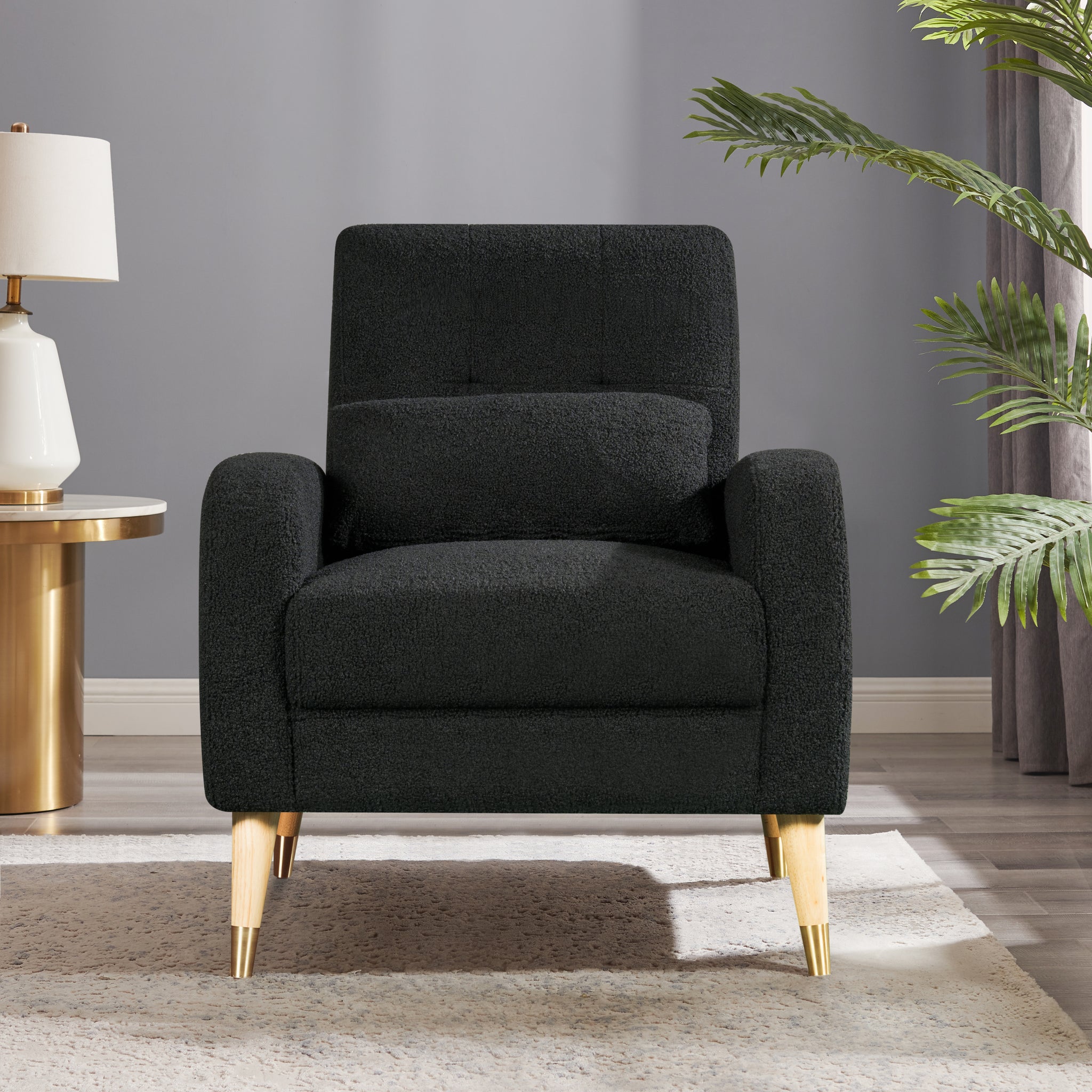 Mid Century Modern Accent Chair, Upholstered Armchair Living Room Chair, Comfy Single Sofa Chair With Sturdy Legs, Polyester Fabric Chair For Living Room Bedroom Black Primary Living Space Foam Fabric