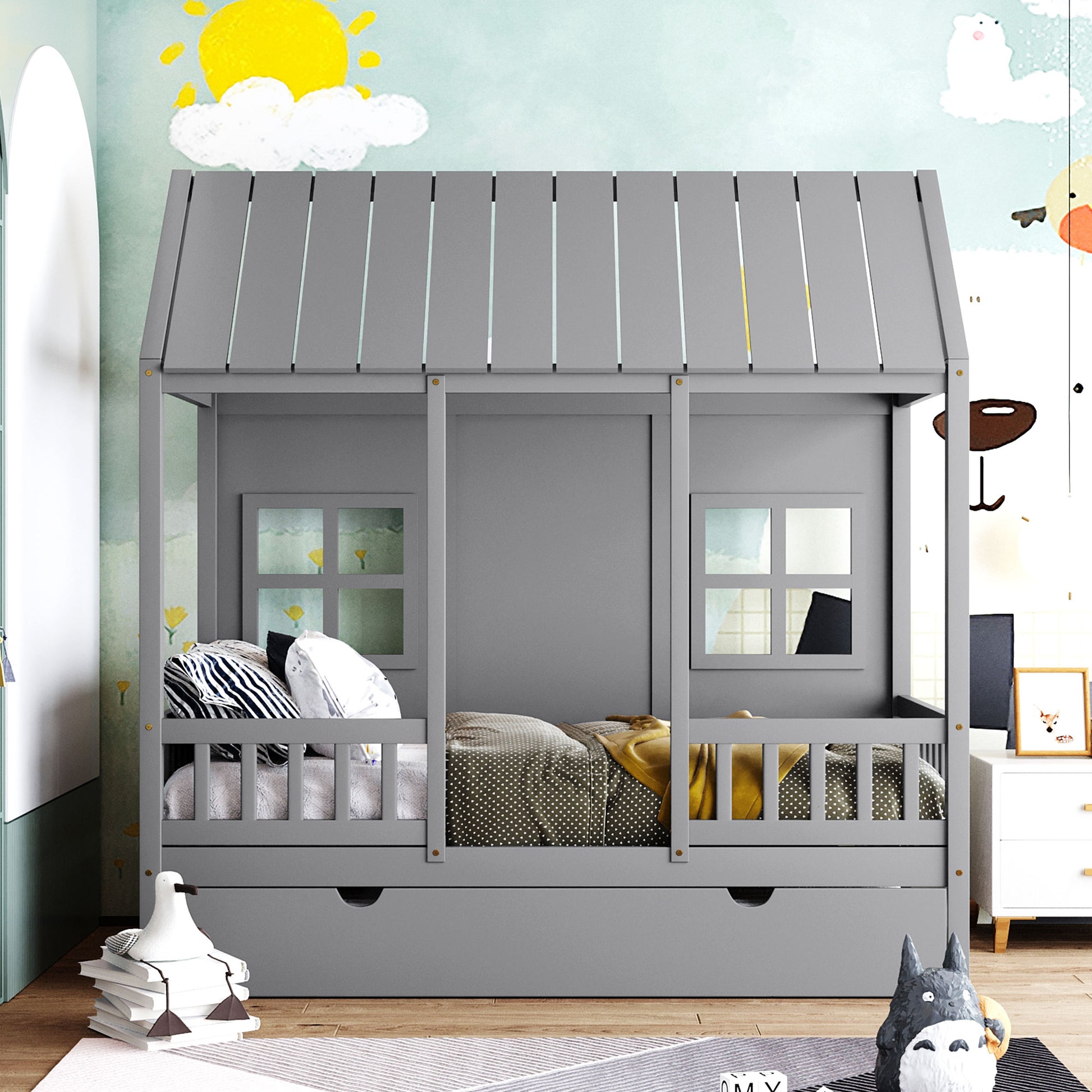 Twin Size Wood House Bed With Twin Size Trundle, Wooden Daybed, Gray Gray Solid Wood