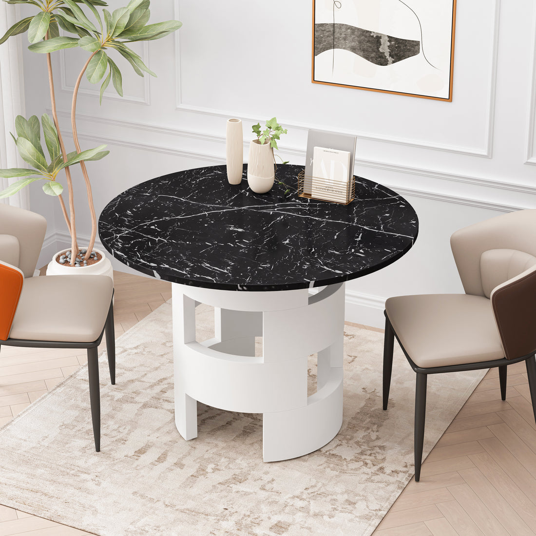 42.12"Modern Round Dining Table With Printed Black Marble Table Top For Dining Room, Kitchen, Living Room,Black White Black White Mdf