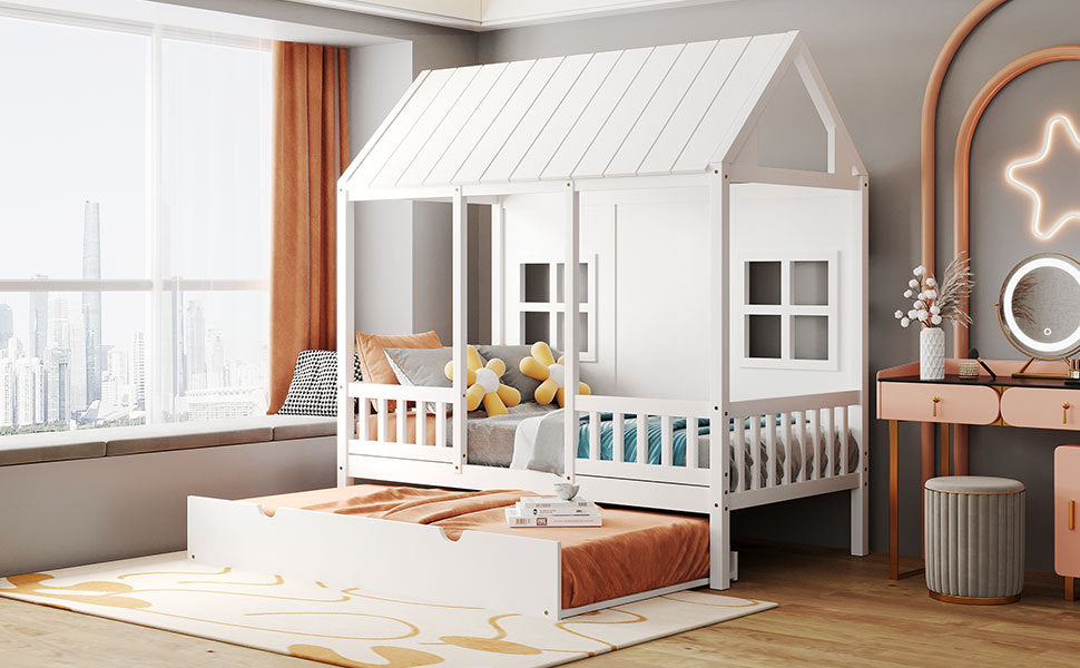 Twin Size Wood House Bed With Twin Size Trundle, Wooden Daybed, White White Solid Wood