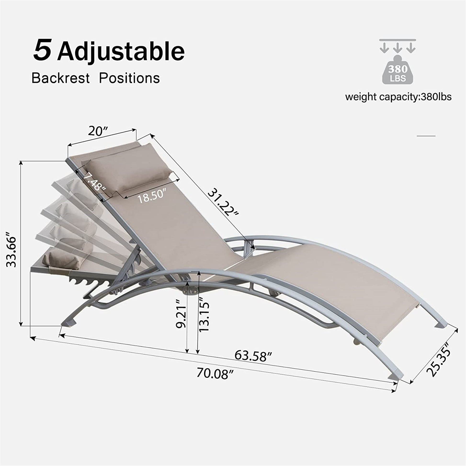 Outdoor Chaise Lounge Set Of 2 Patio Recliner Chairs With Adjustable Backrest And Removable Pillow For Indoor&Outdoor Beach Pool Sunbathing Lawn Khaki,2 Lounge Chairs Khaki Aluminium