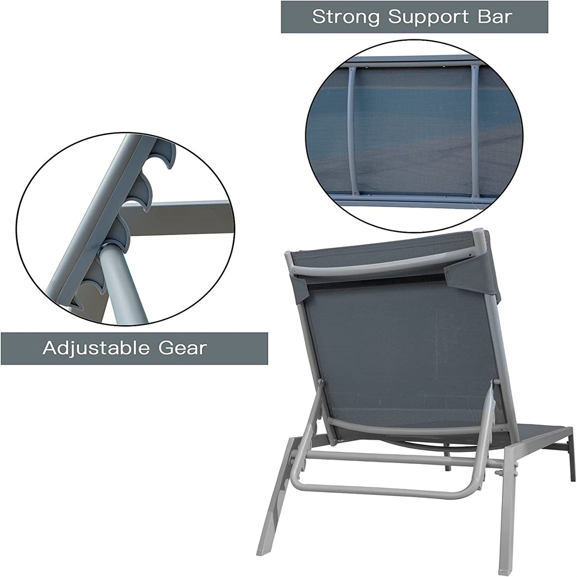 Patio Chaise Lounge Set, 3 Pieces Adjustable Backrest Pool Lounge Chairs Steel Textilene Sunbathing Recliner With Headrest Grey,2 Lounge Chair 1 Table Grey Steel