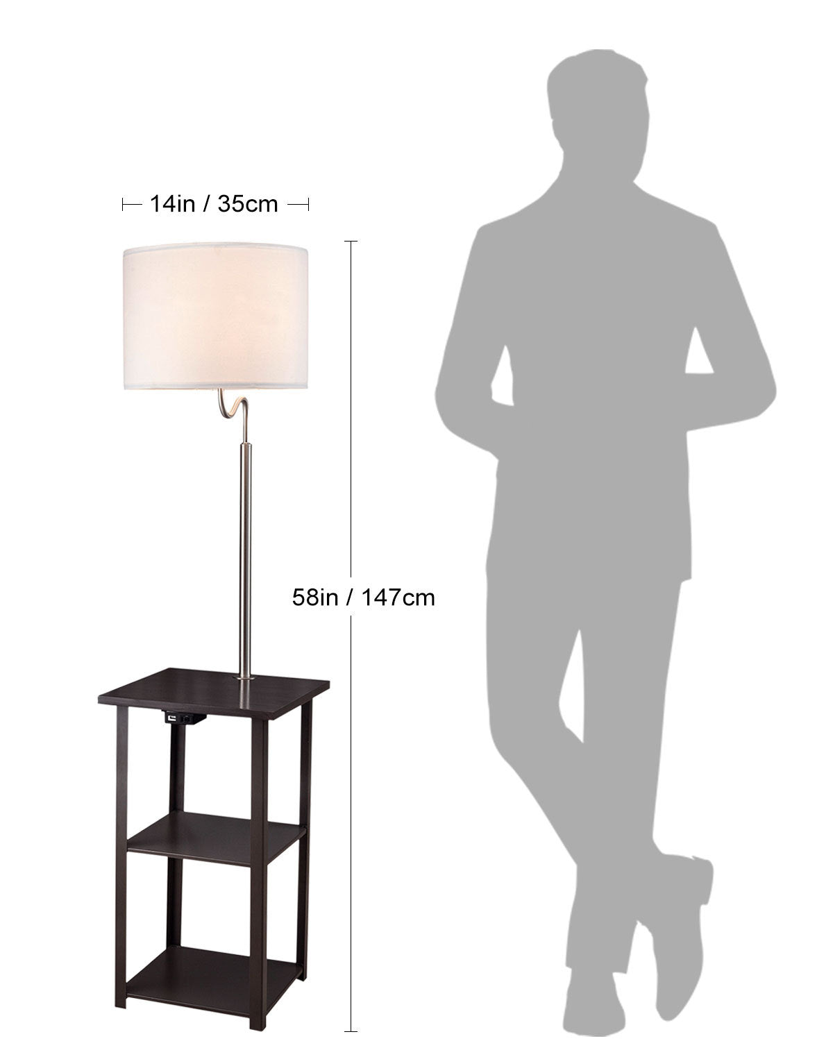 58" Squared Sofa Side Shelves Table Lamp W Power Station 1.14 14.96 Brown Mix Metal