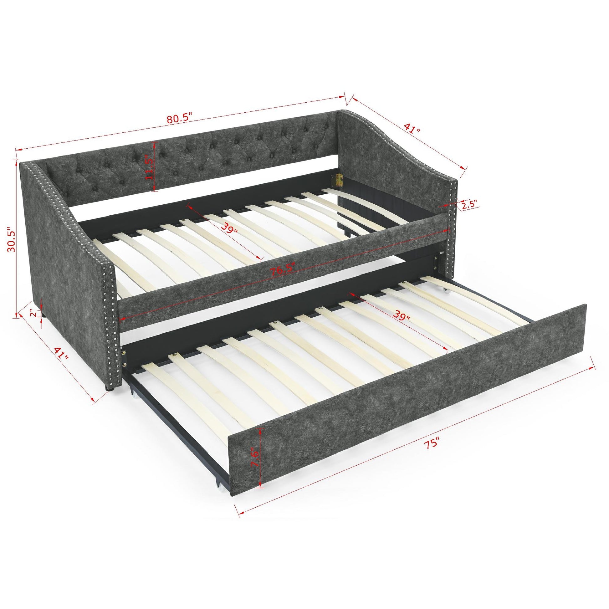 Twin Size Daybed With Twin Size Trundle Upholstered Tufted Sofa Bed, With Button On Back And Copper Nail On Waved Shape Arms, Grey 80.5"X41"X30.5" Grey Polyester