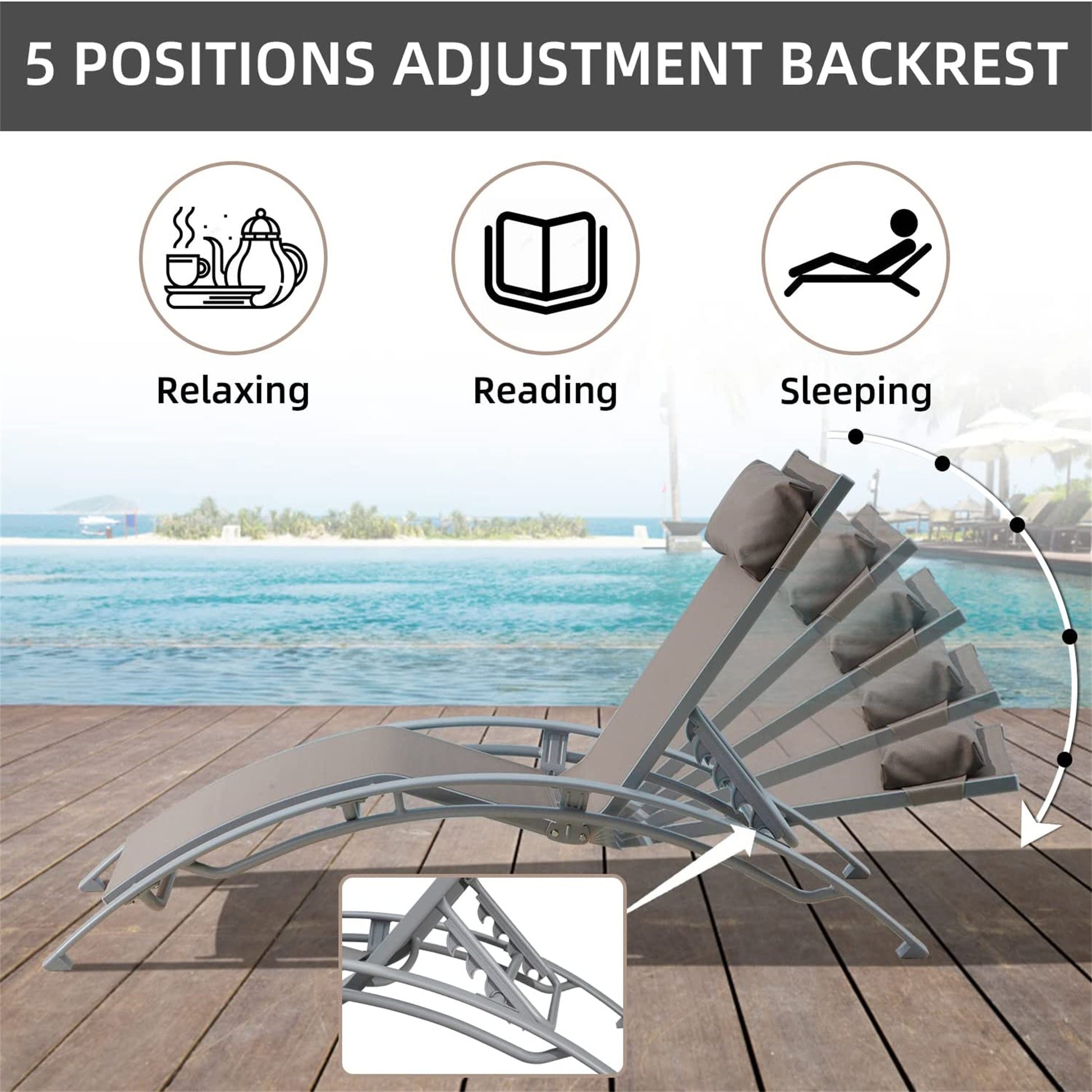 Pool Lounge Chairs Set Of 3, Adjustable Aluminum Outdoor Chaise Lounge Chairs With Metal Side Table, All Weather For Deck Lawn Poolside Backyard Khaiki, 2 Lounge Chair 1 Table Khaki Aluminium