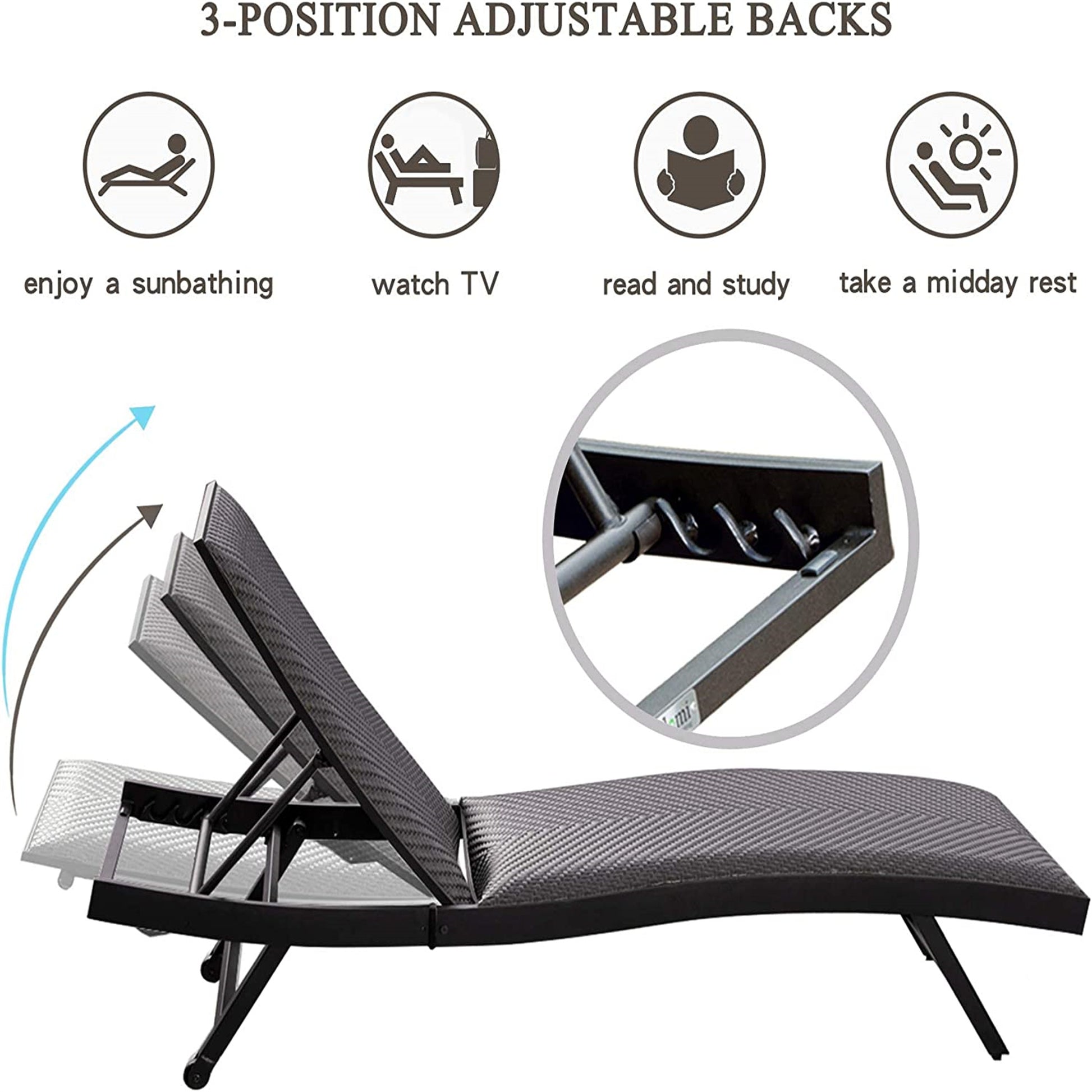 Outdoor Pe Wicker Chaise Lounge Set Of 2 Patio Reclining Chair Furniture Set Beach Pool Adjustable Backrest Recliners Padded With Quick Dry Foam Brown, 2 Lounge Chairs Dark Brown Wicker