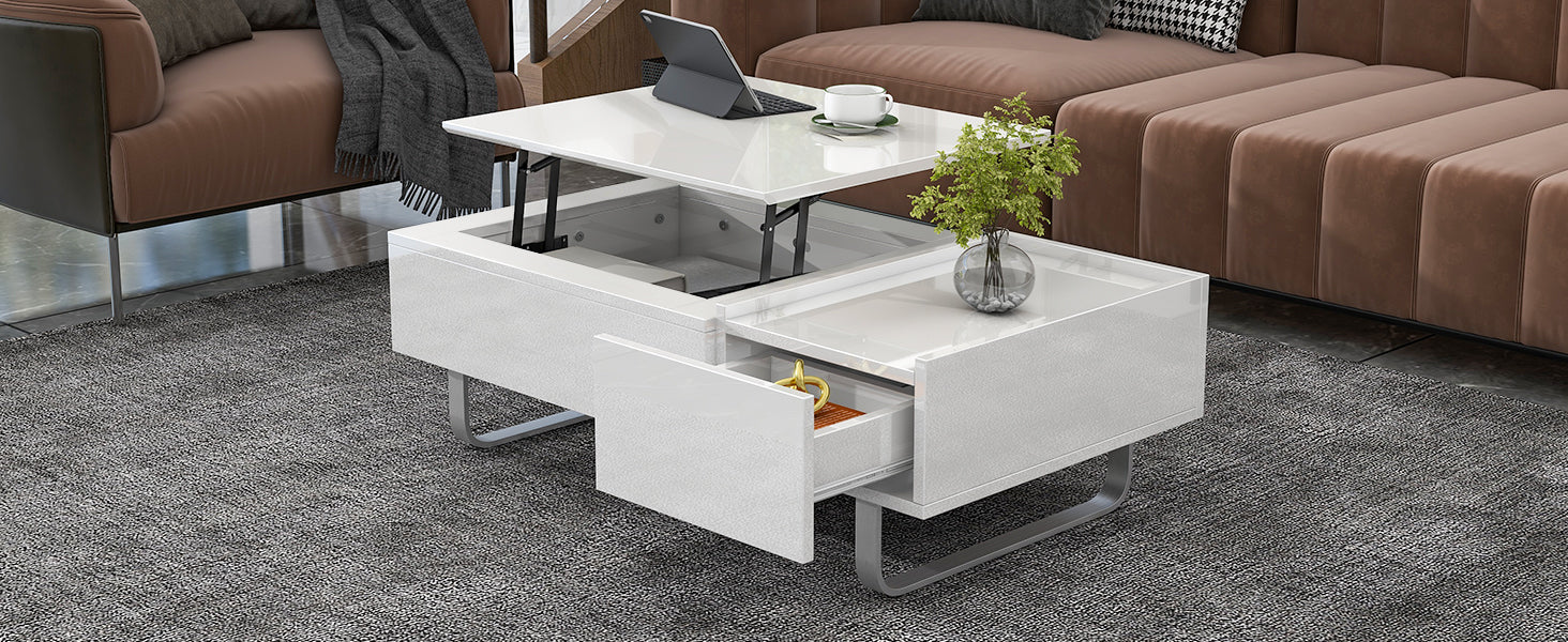 Multi Functional Coffee Table With Lifted Tabletop, Contemporary Cocktail Table With Metal Frame Legs, High Gloss Surface Dining Table For Living Room, White White Soft Close Drawers Primary Living Space Contemporary Manual Freestanding Rectangular Hutch