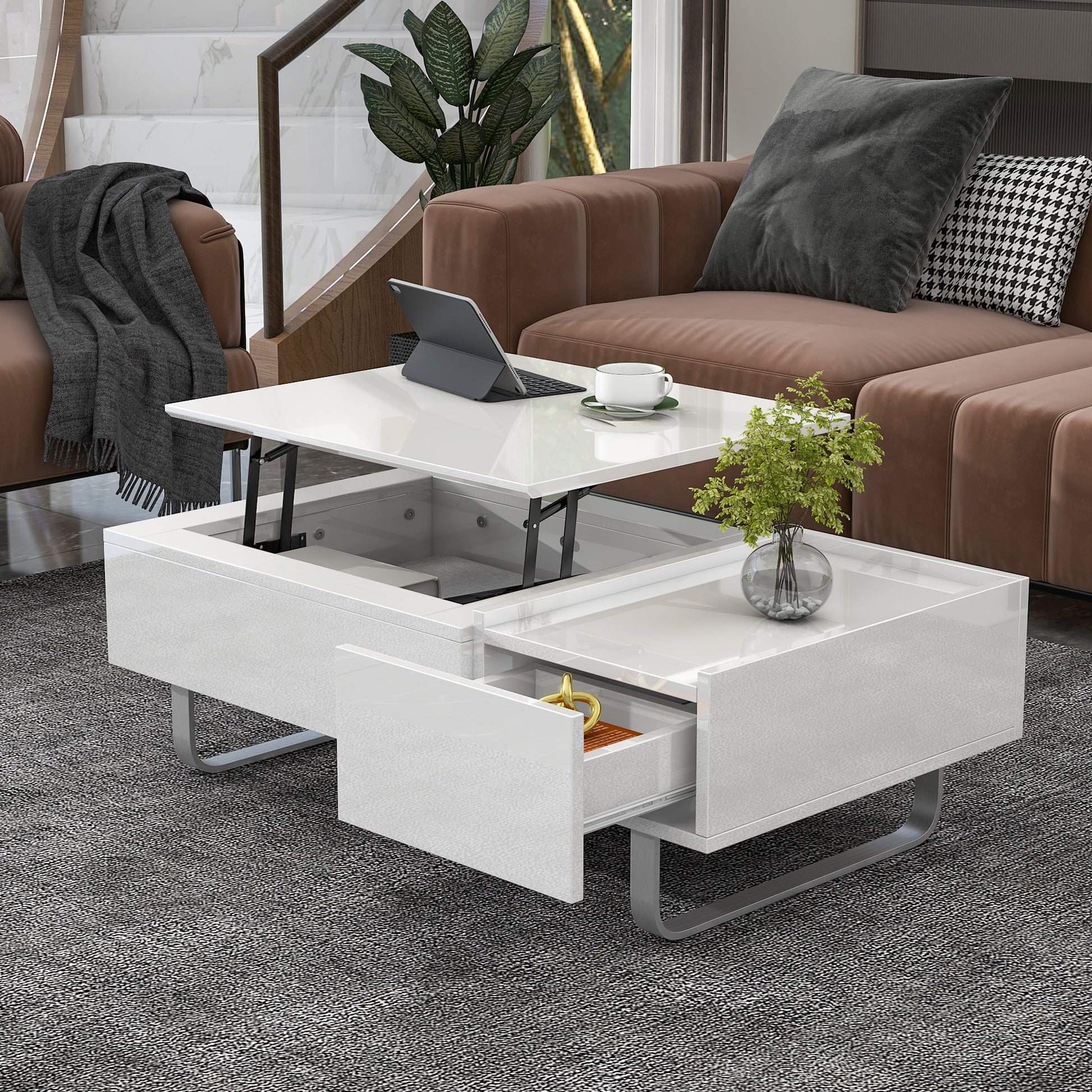 Multi Functional Coffee Table With Lifted Tabletop, Contemporary Cocktail Table With Metal Frame Legs, High Gloss Surface Dining Table For Living Room, White White Soft Close Drawers Primary Living Space Contemporary Manual Freestanding Rectangular Hutch