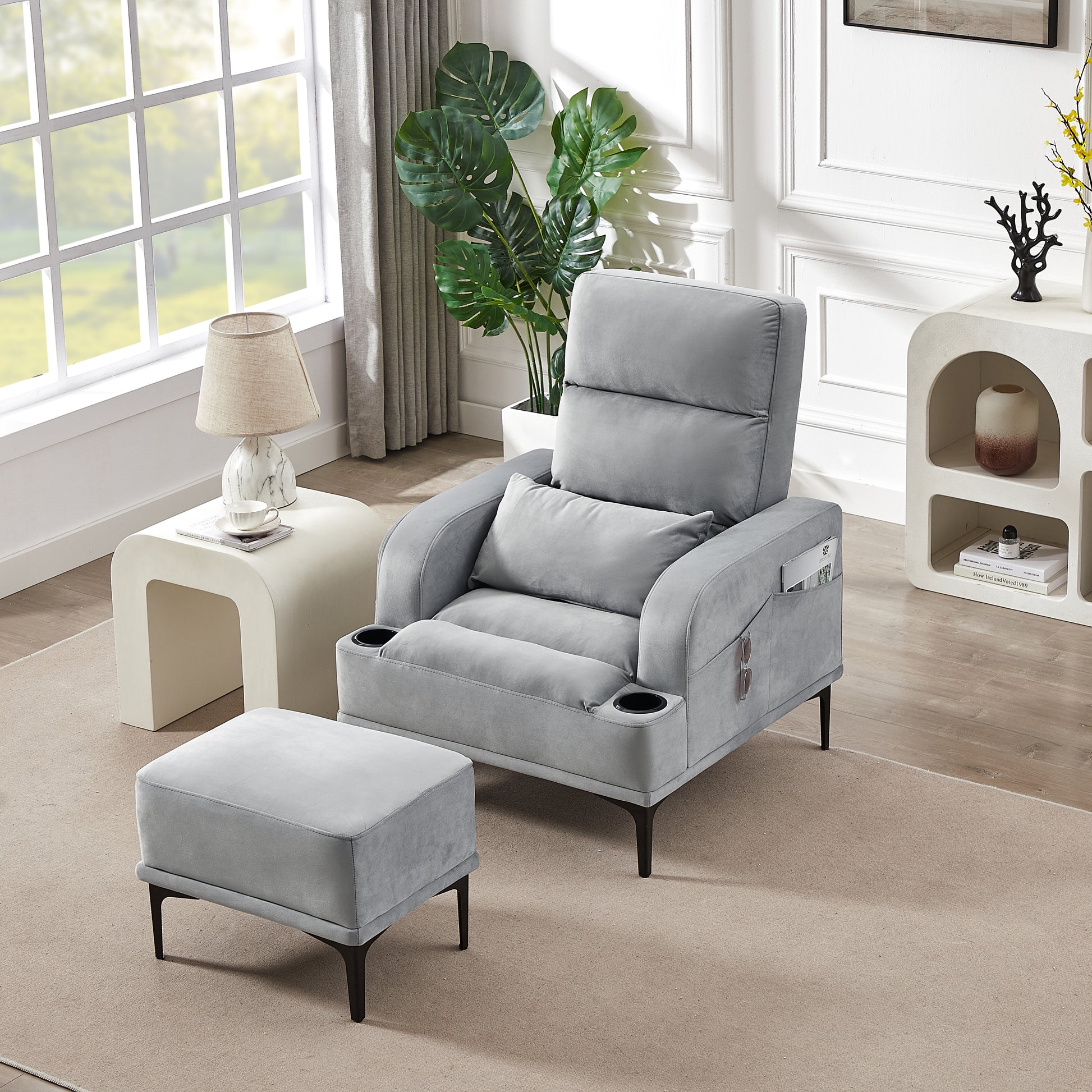 Accent Chairs With Ottoman, Velvet Fabric Armchair With Ottoman For Bedroom Living Room, Modern Chair With Cup Holder, Adjustable Backrest And Side Pockets. Gray Foam Velvet