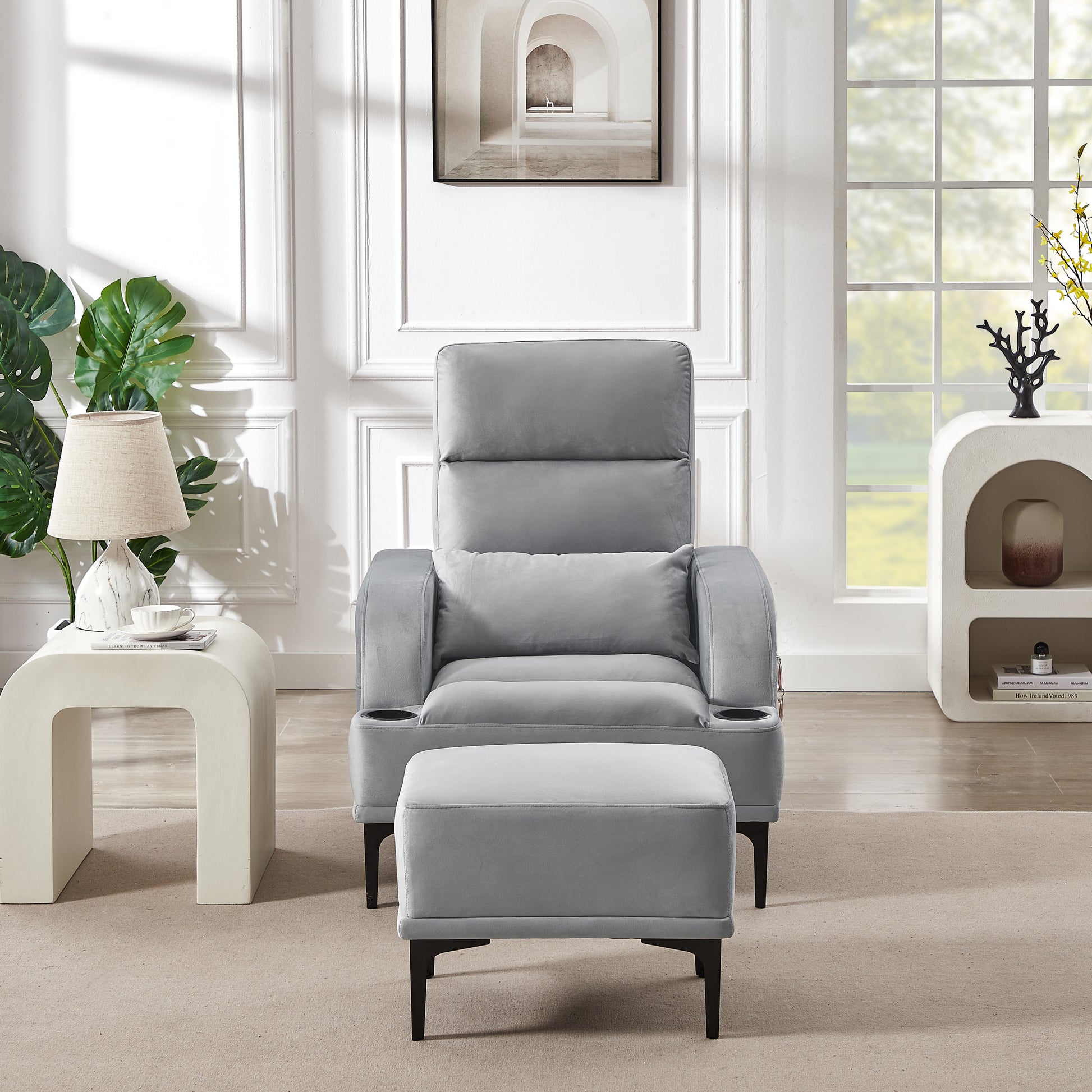 Accent Chairs With Ottoman, Velvet Fabric Armchair With Ottoman For Bedroom Living Room, Modern Chair With Cup Holder, Adjustable Backrest And Side Pockets. Gray Foam Velvet