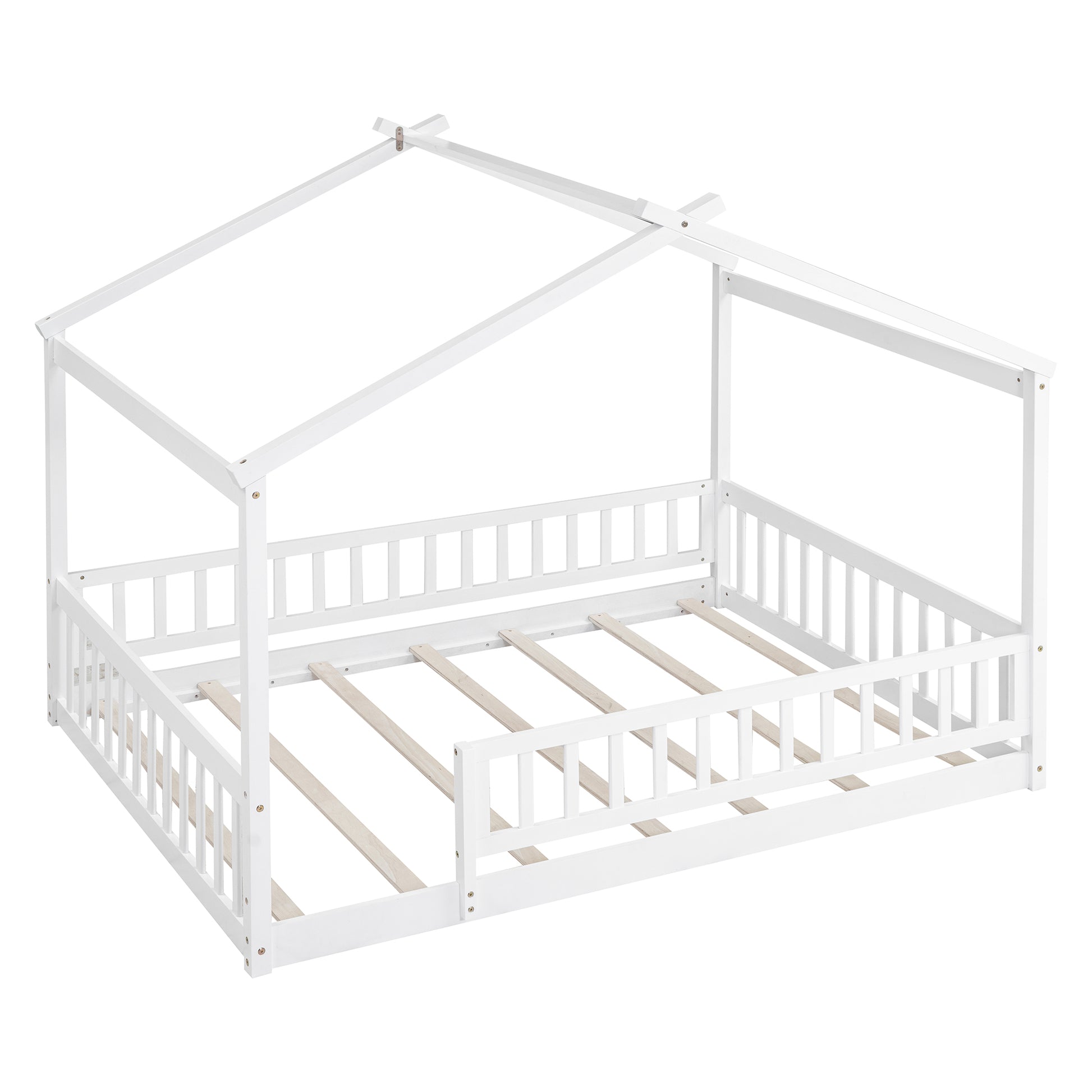 Full Size Wood Bed House Bed Frame With Fence, For Kids, Teens, Girls, Boys,White Box Spring Not Required Full White Wood Pine Bed Frame Wood