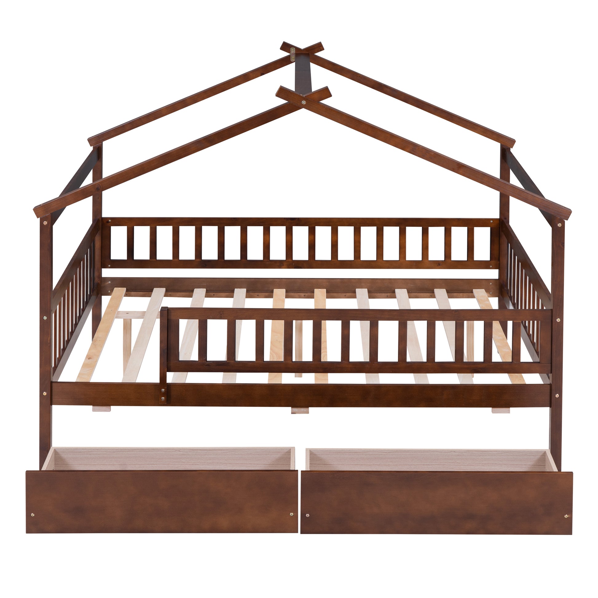 Full Size Wooden House Bed With Two Drawers, Walnut Box Spring Not Required Full Walnut Wood Bedroom Pine Bed Frame Wood