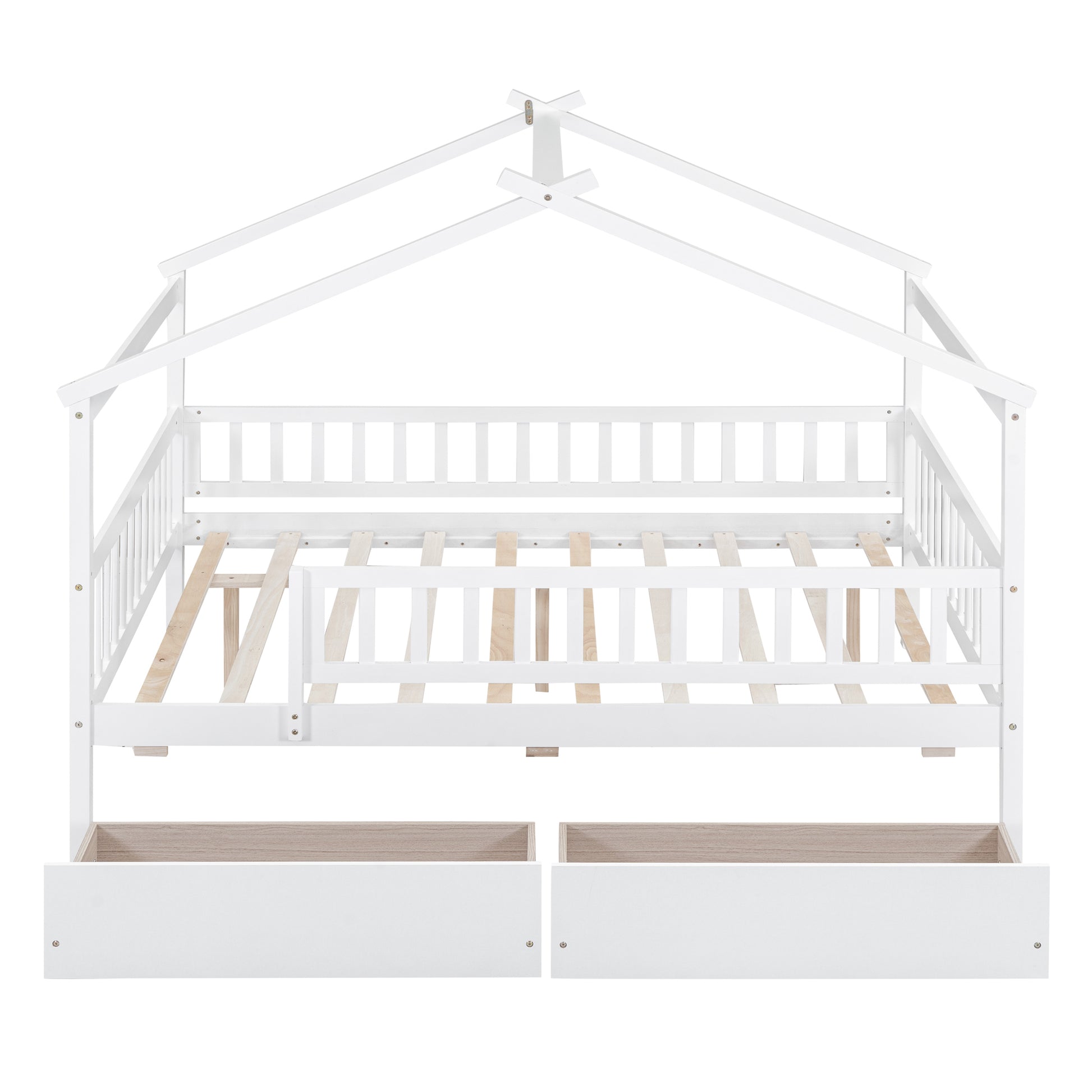 Full Size Wooden House Bed With Two Drawers, White Box Spring Not Required Full White Wood White Bedroom Pine Bed Frame Wood