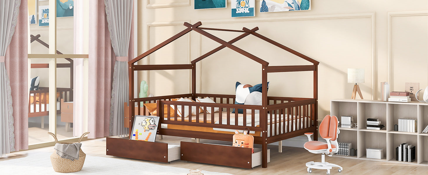 Full Size Wooden House Bed With Two Drawers, Walnut Box Spring Not Required Full Walnut Wood Bedroom Pine Bed Frame Wood