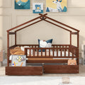 Full Size Wooden House Bed With Two Drawers, Walnut Box Spring Not Required Full Walnut Wood Bedroom Pine Bed Frame Wood