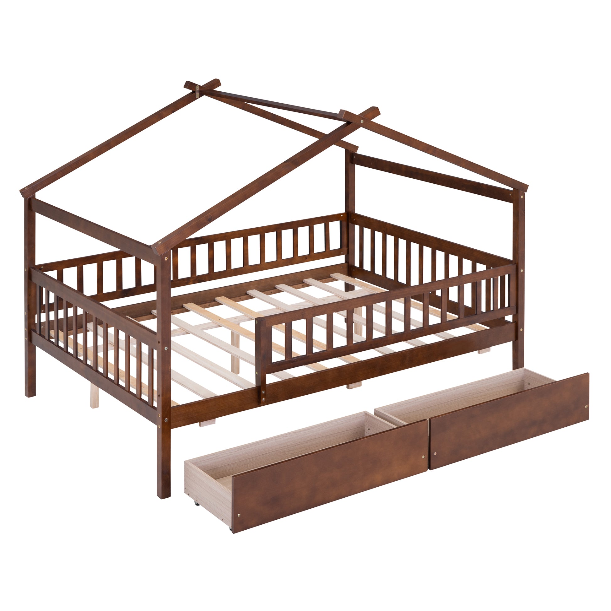 Full Size Wooden House Bed With Two Drawers, Walnut Box Spring Not Required Full Walnut Wood Bedroom Pine Bed Frame Wood