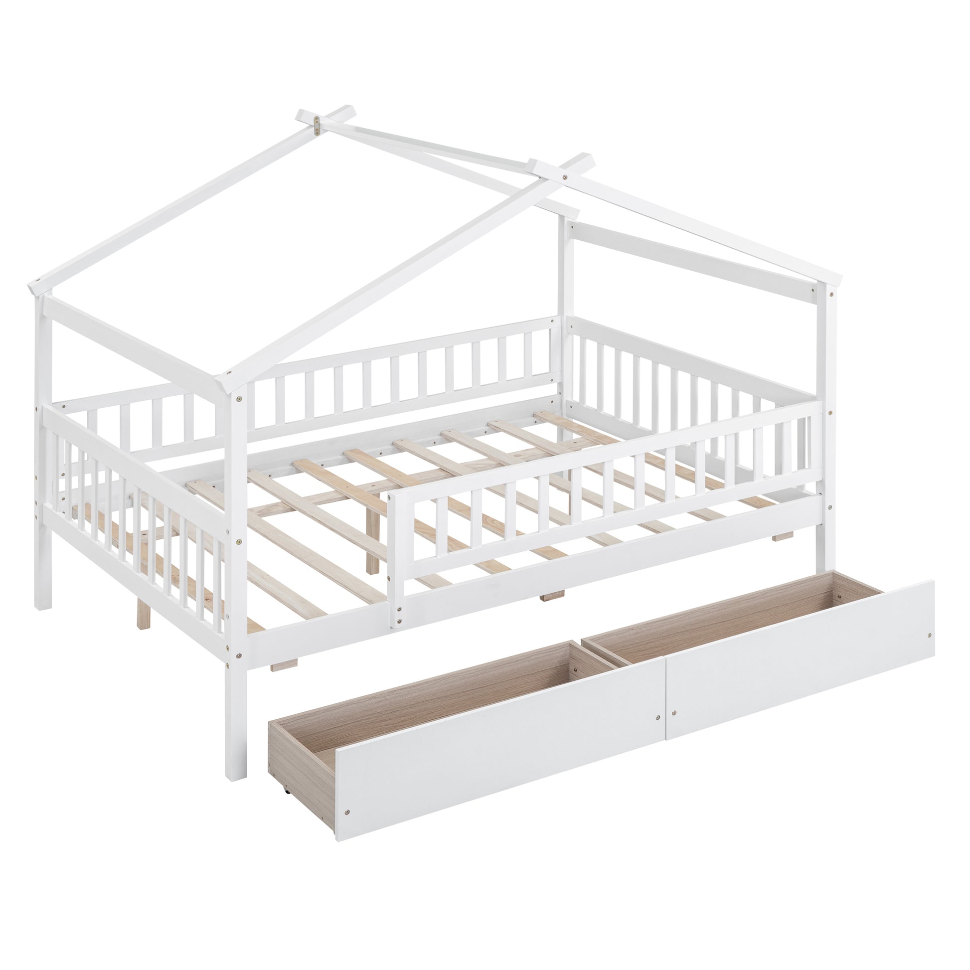 Full Size Wooden House Bed With Two Drawers, White Box Spring Not Required Full White Wood White Bedroom Pine Bed Frame Wood