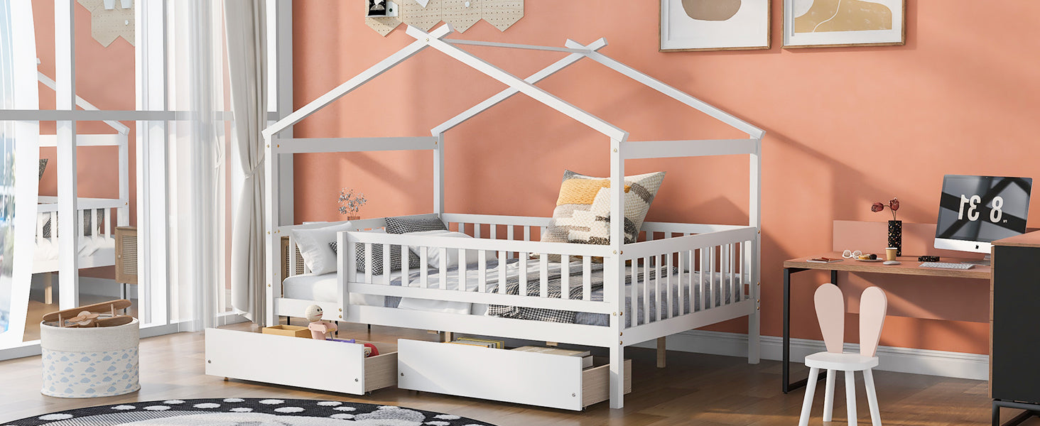 Full Size Wooden House Bed With Two Drawers, White Box Spring Not Required Full White Wood White Bedroom Pine Bed Frame Wood