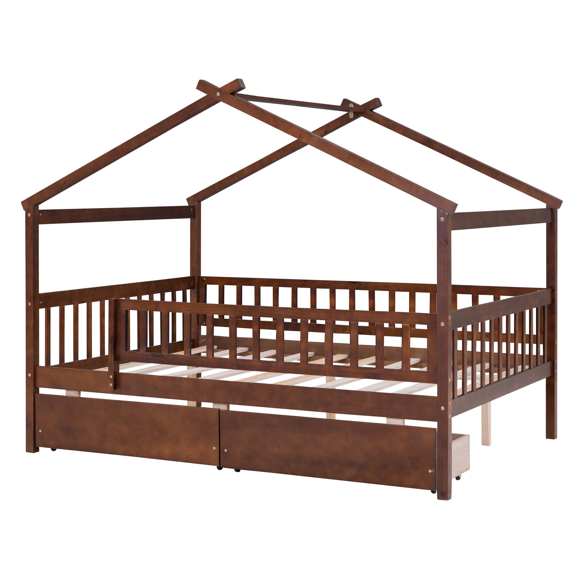 Full Size Wooden House Bed With Two Drawers, Walnut Box Spring Not Required Full Walnut Wood Bedroom Pine Bed Frame Wood