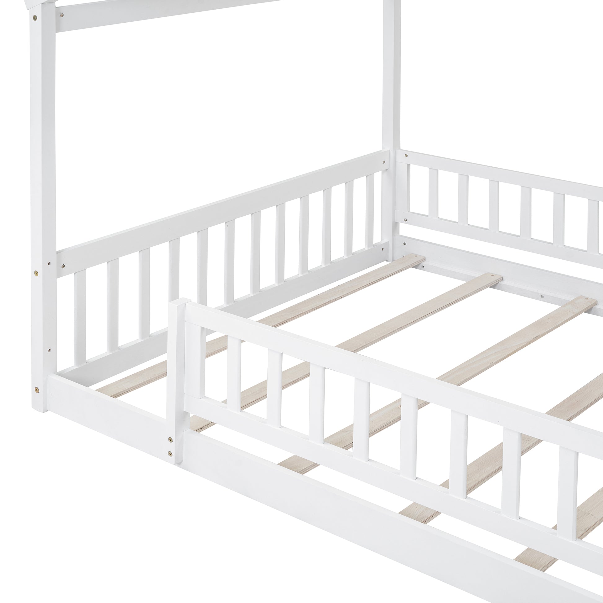 Full Size Wood Bed House Bed Frame With Fence, For Kids, Teens, Girls, Boys,White Box Spring Not Required Full White Wood Pine Bed Frame Wood