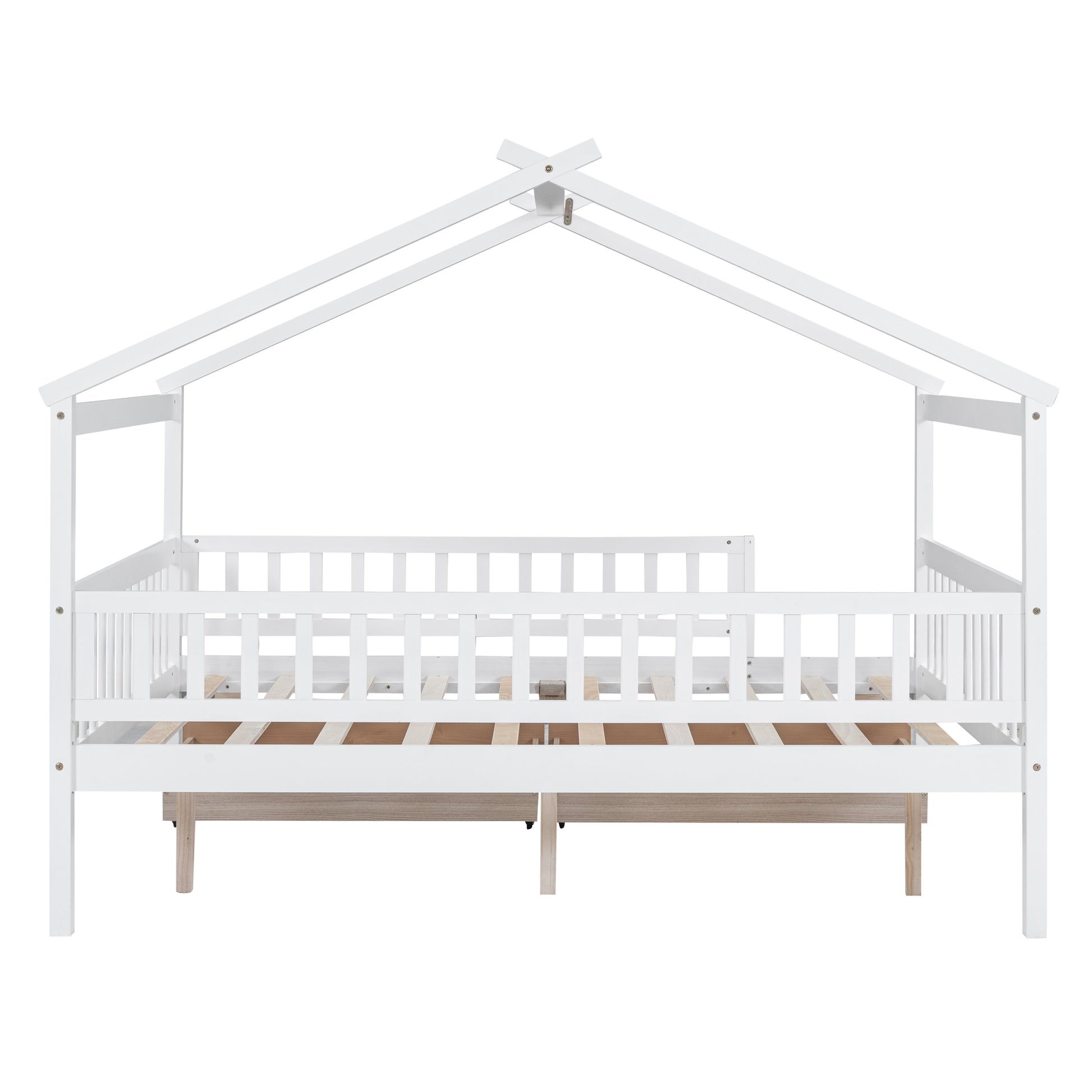 Full Size Wooden House Bed With Two Drawers, White Box Spring Not Required Full White Wood White Bedroom Pine Bed Frame Wood