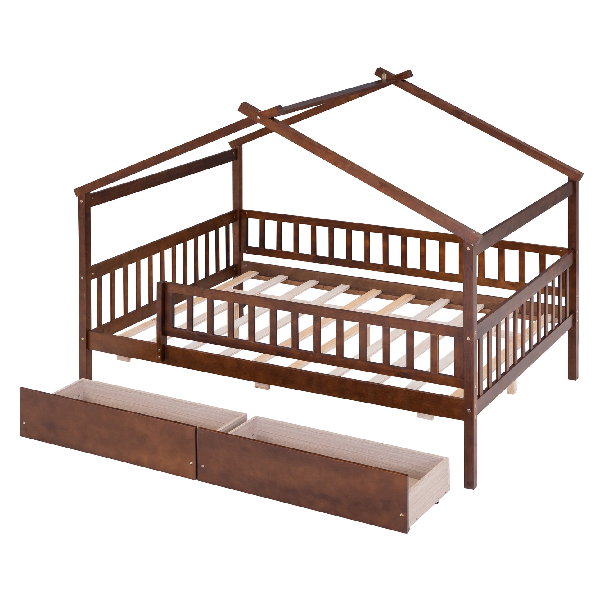 Full Size Wooden House Bed With Two Drawers, Walnut Box Spring Not Required Full Walnut Wood Bedroom Pine Bed Frame Wood