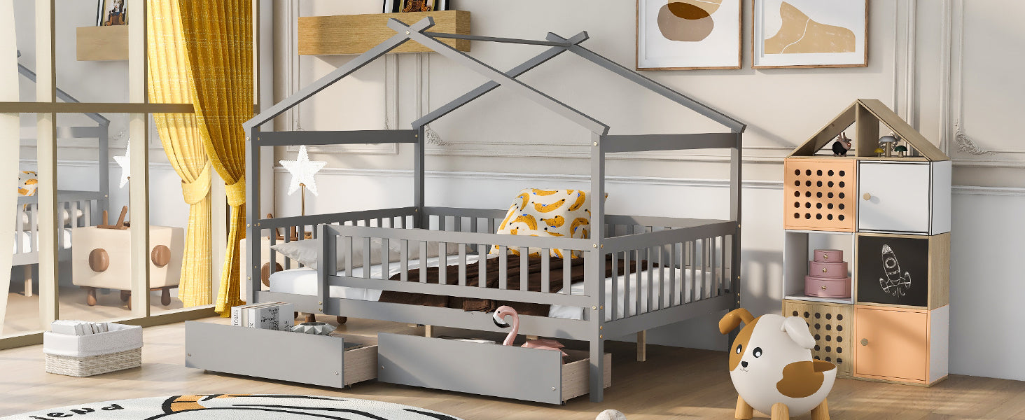 Full Size Wooden House Bed With Two Drawers,Gray Box Spring Not Required Full Gray Wood Gray Bedroom Pine Bed Frame Wood