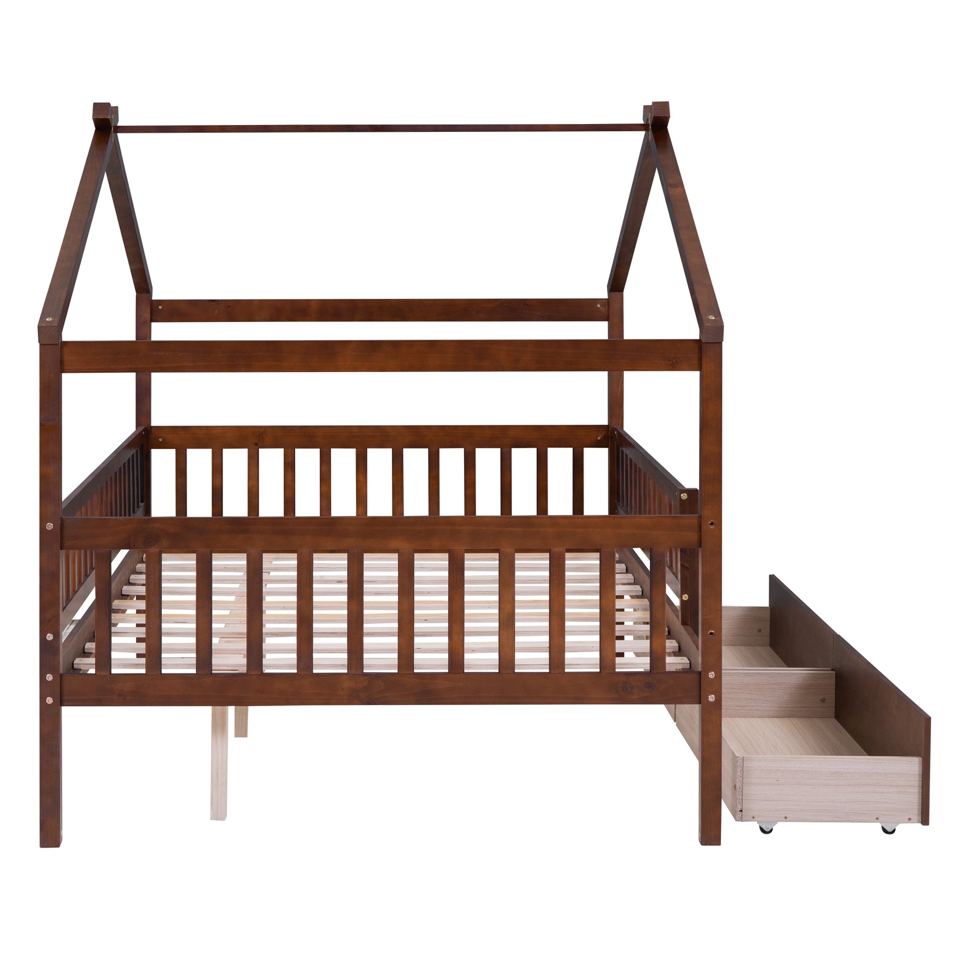 Full Size Wooden House Bed With Two Drawers, Walnut Box Spring Not Required Full Walnut Wood Bedroom Pine Bed Frame Wood