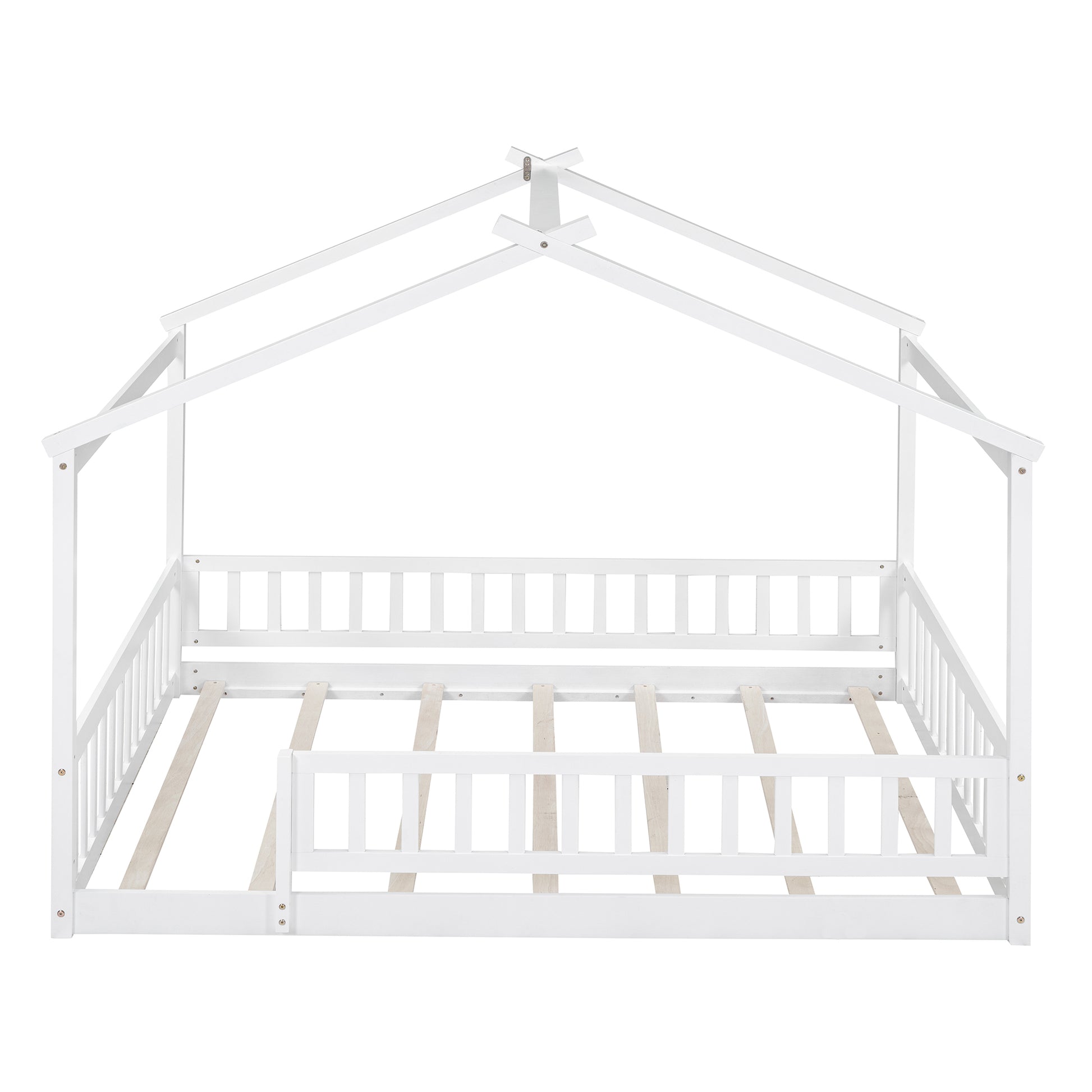 Full Size Wood Bed House Bed Frame With Fence, For Kids, Teens, Girls, Boys,White Box Spring Not Required Full White Wood Pine Bed Frame Wood