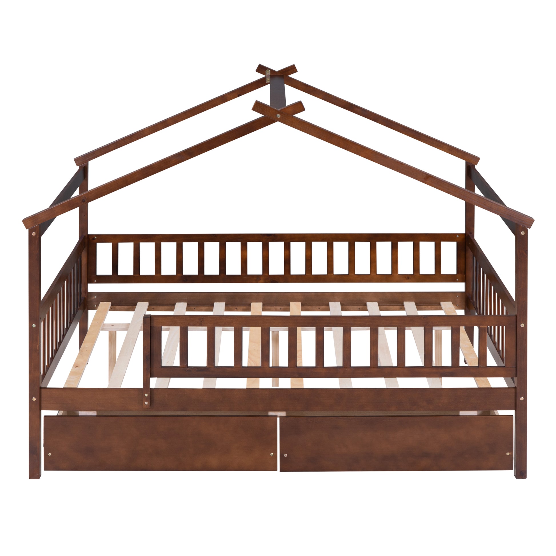 Full Size Wooden House Bed With Two Drawers, Walnut Box Spring Not Required Full Walnut Wood Bedroom Pine Bed Frame Wood