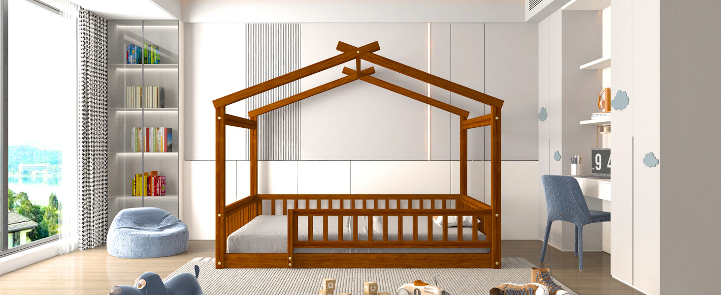 Full Size Wood Bed House Bed Frame With Fence, For Kids, Teens, Girls, Boys,Walnut Box Spring Not Required Full Walnut Wood Pine Bed Frame Wood