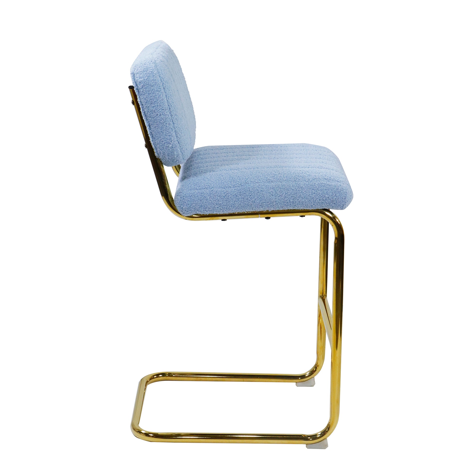 Mid Century Modern Counter Height Bar Stools For Kitchen Set Of 2, Armless Bar Chairs With Gold Metal Chrome Base For Dining Room, Upholstered Boucle Fabric Counter Stools, Blue Blue Faux Fur