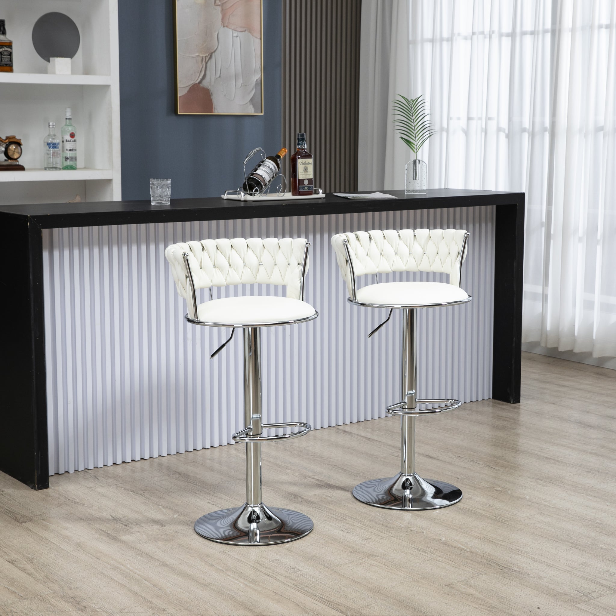 Coolmore Swivel Bar Stools Set Of 2 Adjustable Counter Height Chairs With Footrest For Kitchen, Dining Room 2Pc Set White Pu Pu Leather