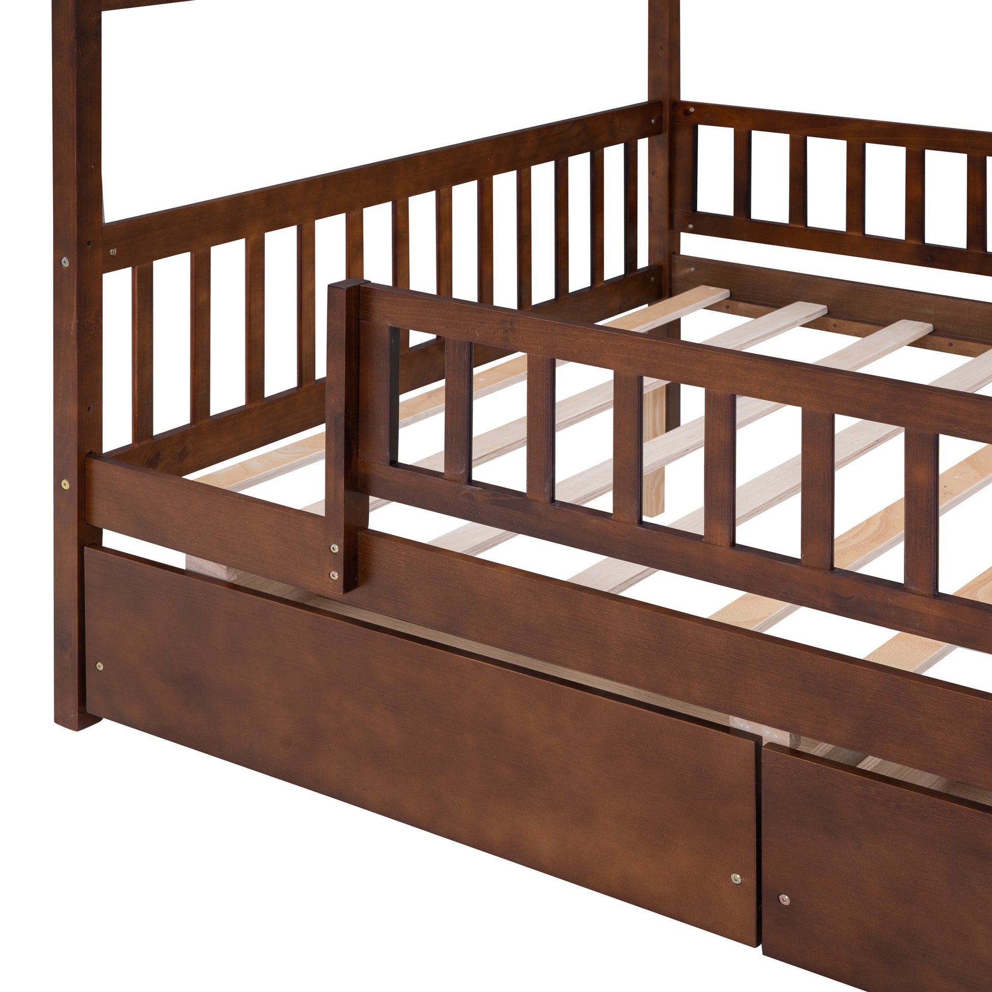 Full Size Wooden House Bed With Two Drawers, Walnut Box Spring Not Required Full Walnut Wood Bedroom Pine Bed Frame Wood
