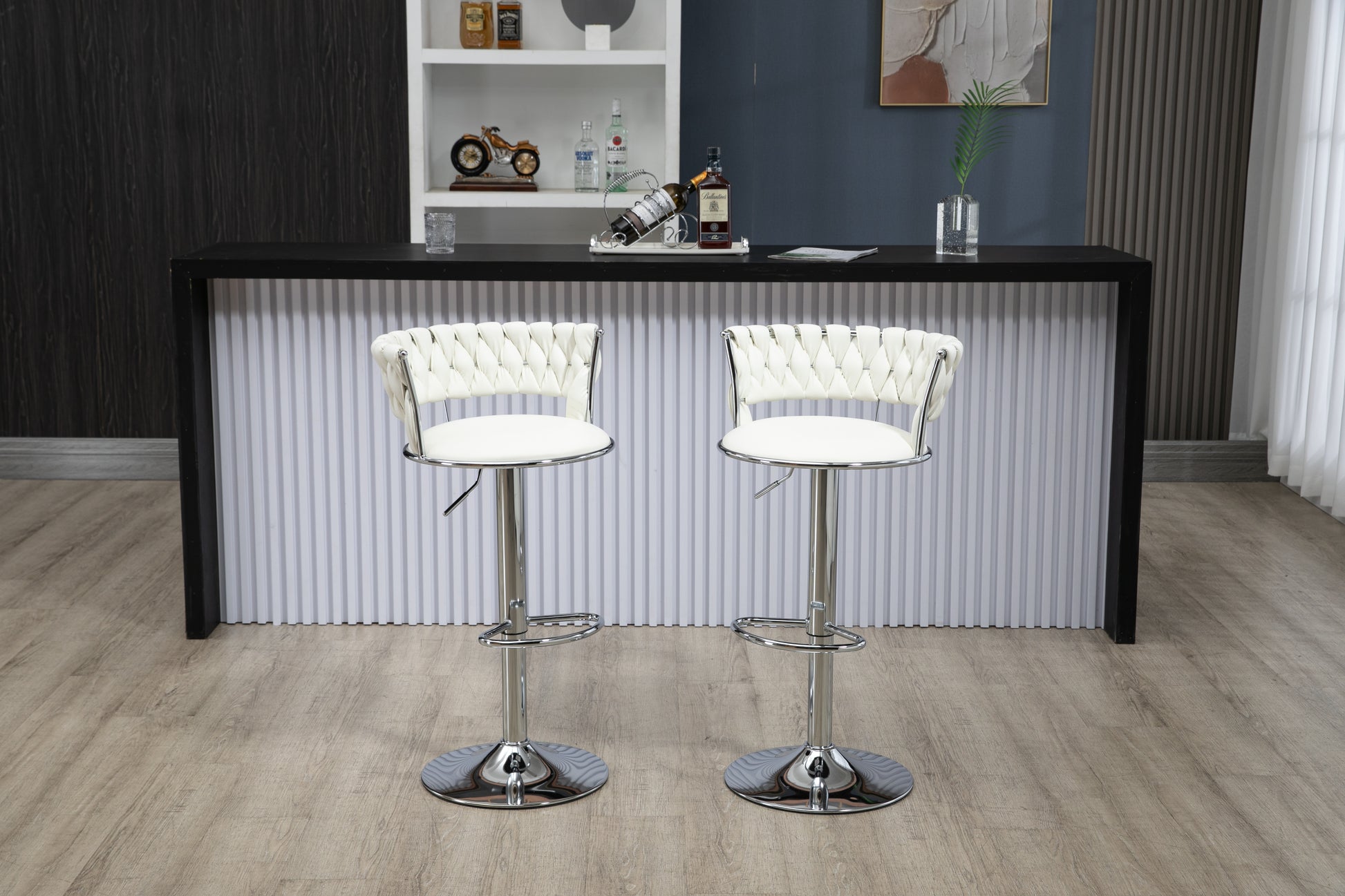 Coolmore Swivel Bar Stools Set Of 2 Adjustable Counter Height Chairs With Footrest For Kitchen, Dining Room 2Pc Set White Pu Pu Leather