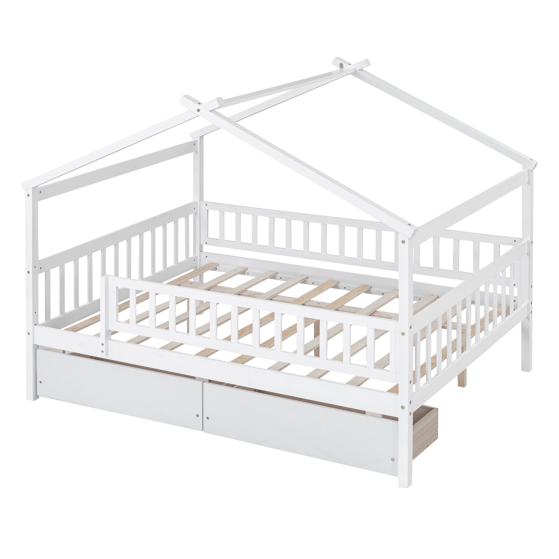 Full Size Wooden House Bed With Two Drawers, White Box Spring Not Required Full White Wood White Bedroom Pine Bed Frame Wood