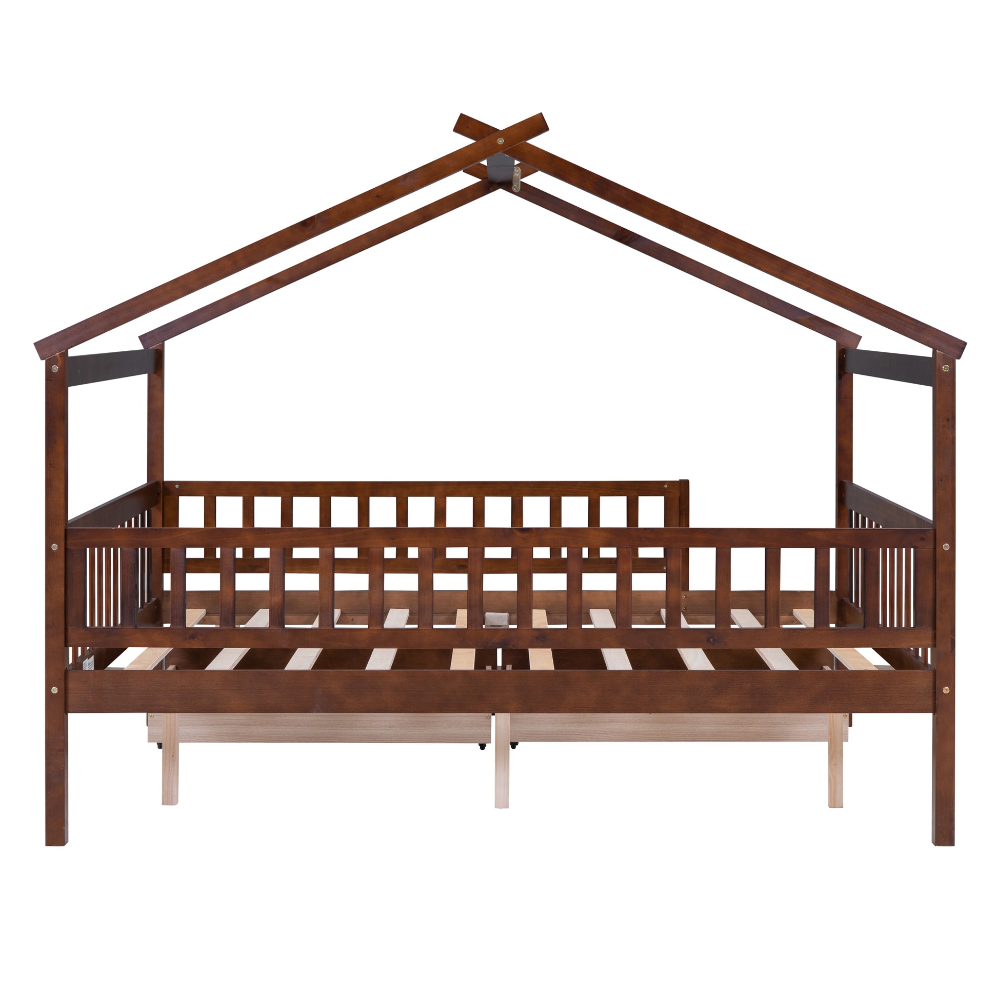 Full Size Wooden House Bed With Two Drawers, Walnut Box Spring Not Required Full Walnut Wood Bedroom Pine Bed Frame Wood