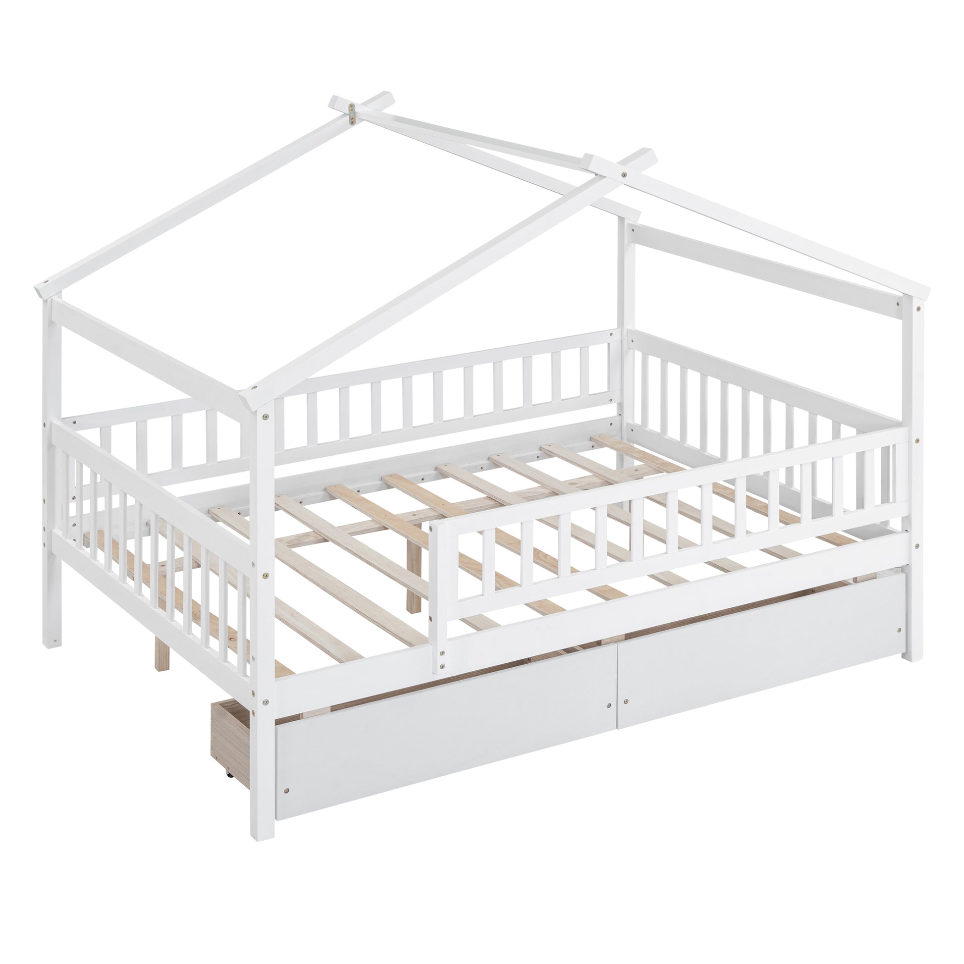 Full Size Wooden House Bed With Two Drawers, White Box Spring Not Required Full White Wood White Bedroom Pine Bed Frame Wood