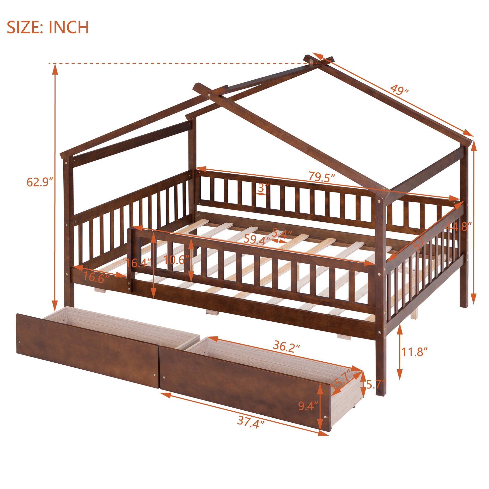 Full Size Wooden House Bed With Two Drawers, Walnut Box Spring Not Required Full Walnut Wood Bedroom Pine Bed Frame Wood