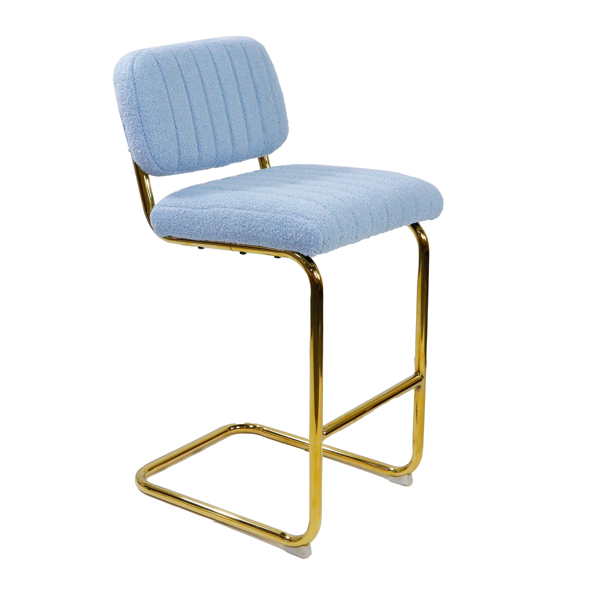 Mid Century Modern Counter Height Bar Stools For Kitchen Set Of 2, Armless Bar Chairs With Gold Metal Chrome Base For Dining Room, Upholstered Boucle Fabric Counter Stools, Blue Blue Faux Fur