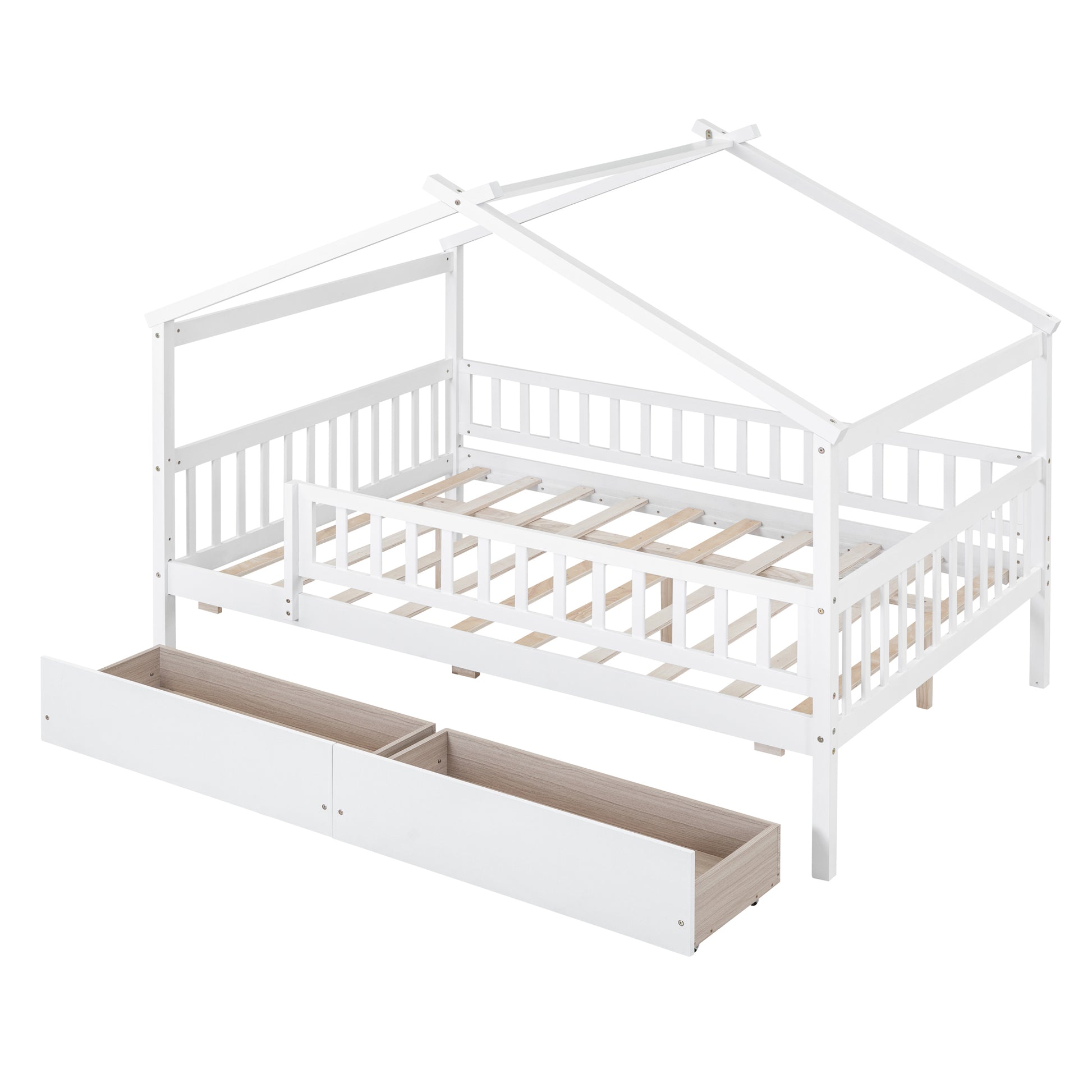 Full Size Wooden House Bed With Two Drawers, White Box Spring Not Required Full White Wood White Bedroom Pine Bed Frame Wood