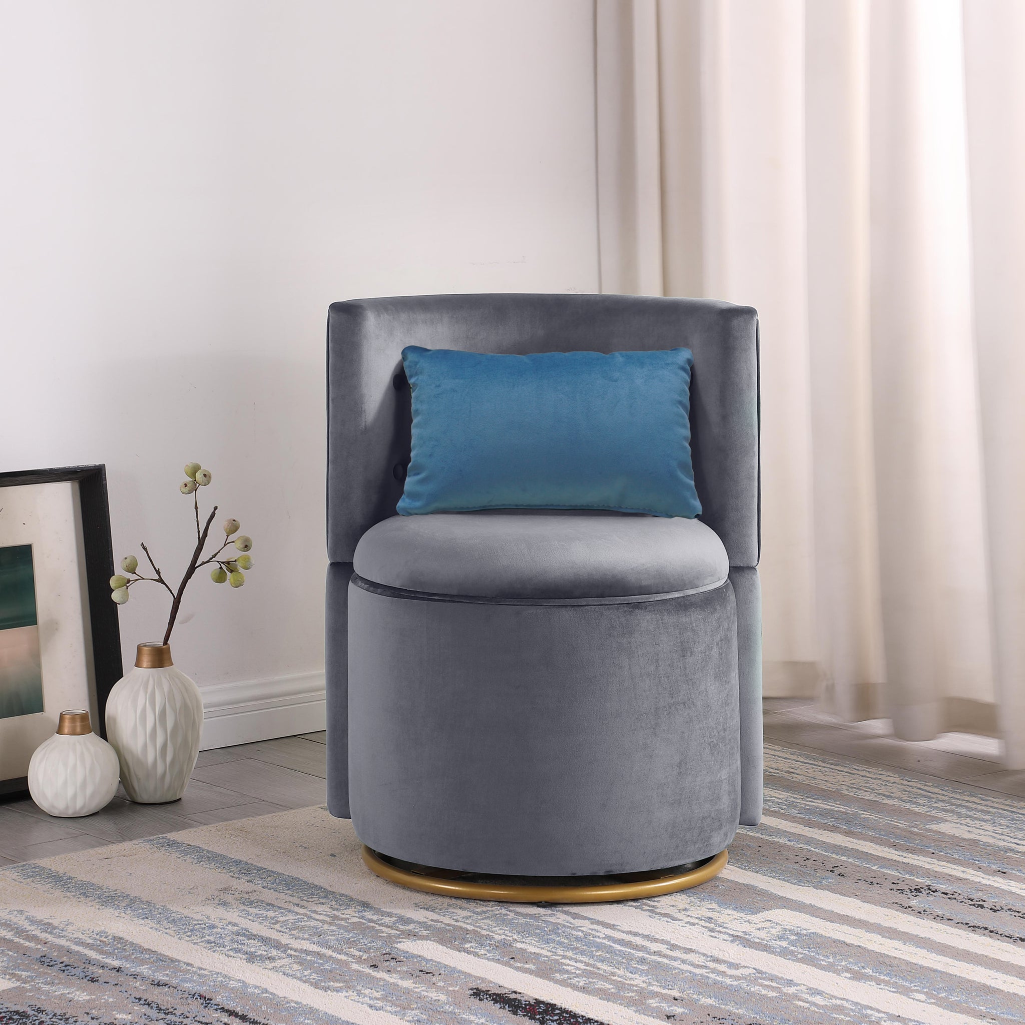 360 Swivel Accent Chair With Storage Function, And Velvet Pillow, Velvet Curved Chair With Gold Metal Base For Living Room, Nursery, Bedroom Video Gray Velvet