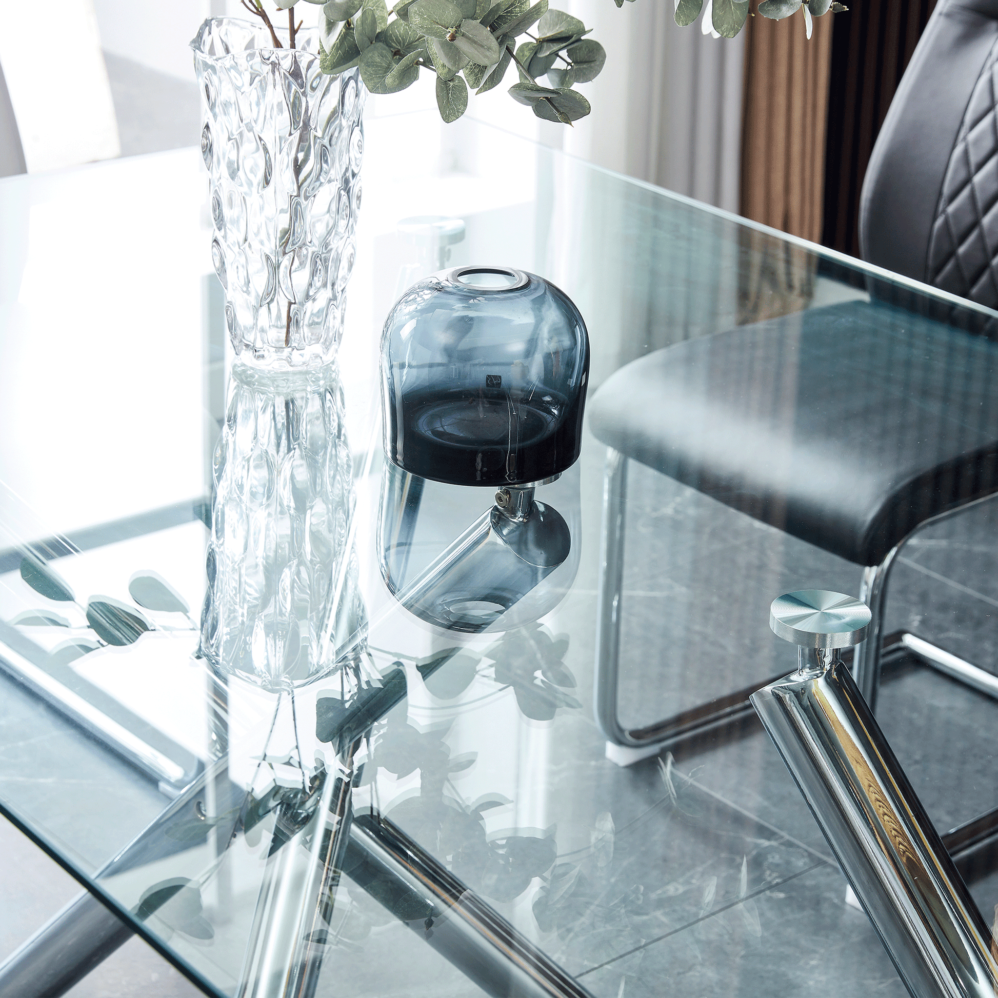 Large Modern Minimalist Rectangular Glass Dining Table For 6 8 With 0.39" Tempered Glass Tabletop And Silver Chrome Metal Legs, For Kitchen Dining Living Meeting Room Banquet Hall, 71'' X 39''X 30'' Transparent Glass