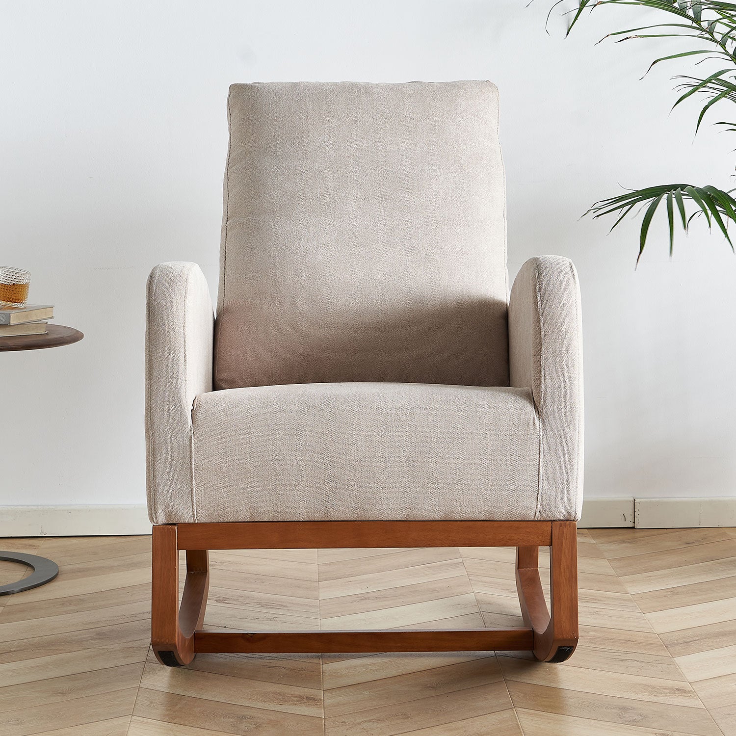 27.56'' Wide Linen Rocking Chair Accent Chair In Beige Color Beige Brown Primary Living Space Modern Rubberwood Foam Linen