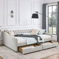 Queen Size Daybed With Drawers Upholstered Tufted Sofa Bed,With Button On Back And Copper Nail On Waved Shape Arms, Beige 84.5